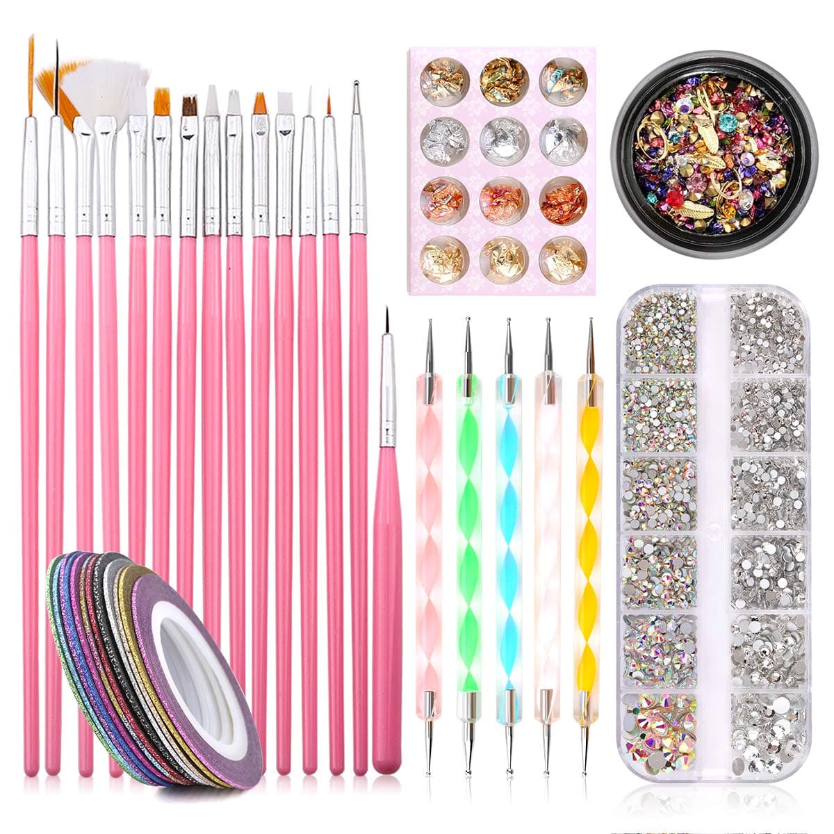 NibiruNail Art Supplies, Professional Nail Design Kit with 15pcs Nail Brushes, 5pcs Dotting Pen, Nail Glitters, Striping Tape, Mix Size Crystal Rhinestones& Assorted 3D Nail Diamonds Rhinestones