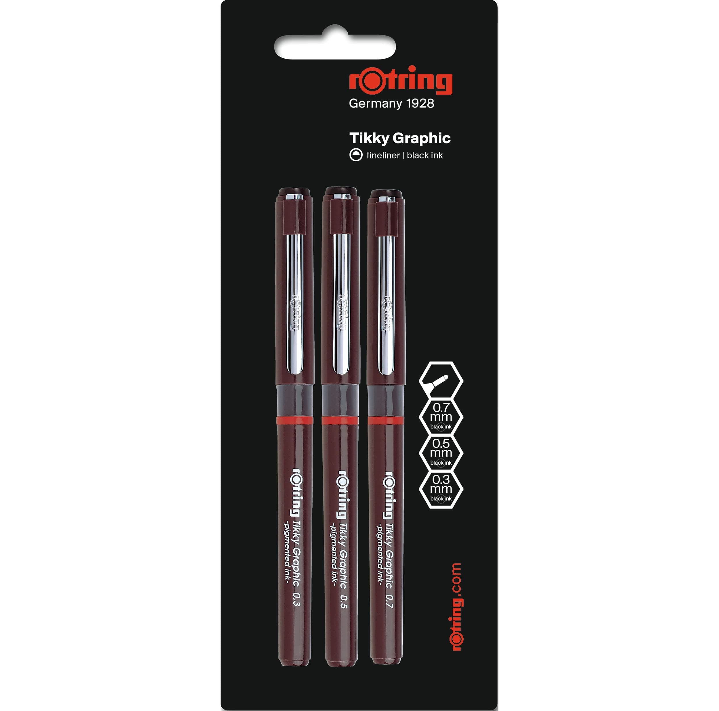 rOtring Tikky Graphic Fineliner Pens | 0.3mm & 0.5mm & 0.7mm | Black Ink | 3 Count
