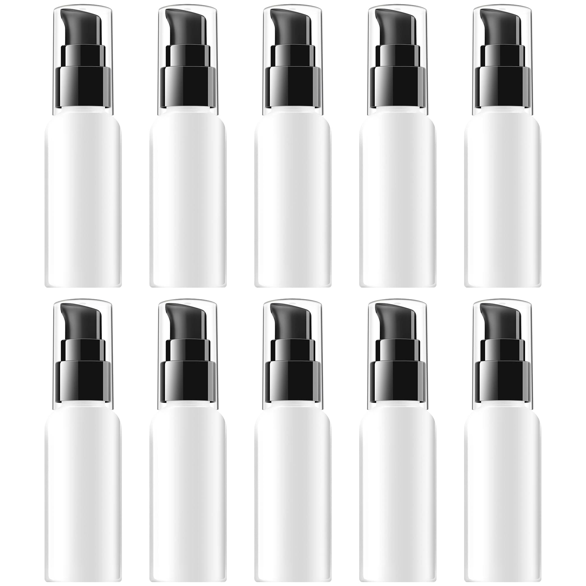 VIDELLY 10 Pieces Travel Pump Bottles for Toiletries 2oz Small Pump Bottles Clear Travel Bottle Plastic Empty Spray Bottle Dispenser With Black Cap For Lotion Cream Essential Oil(50ml,White)