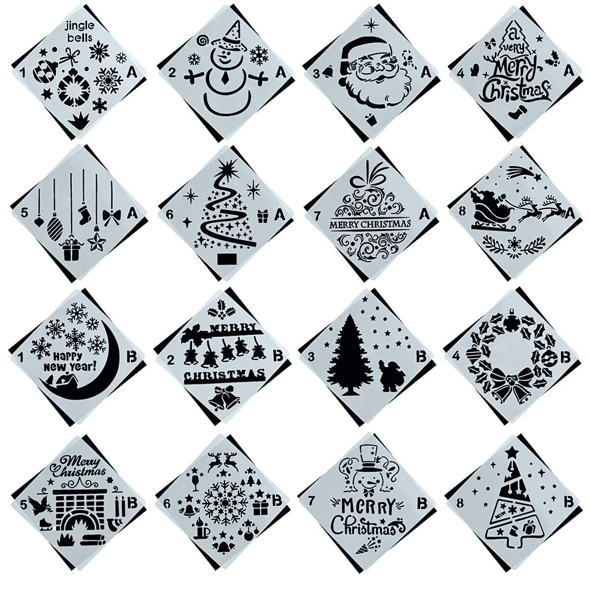 16 Pack Christmas Stencils Journal Stencil Template Set with Santa Claus,Christmas Tree,Snowflakes,Jingling Bell,Snowman,Reindeers Pattern for Card, Wood DIY Drawing Painting Craft Projects