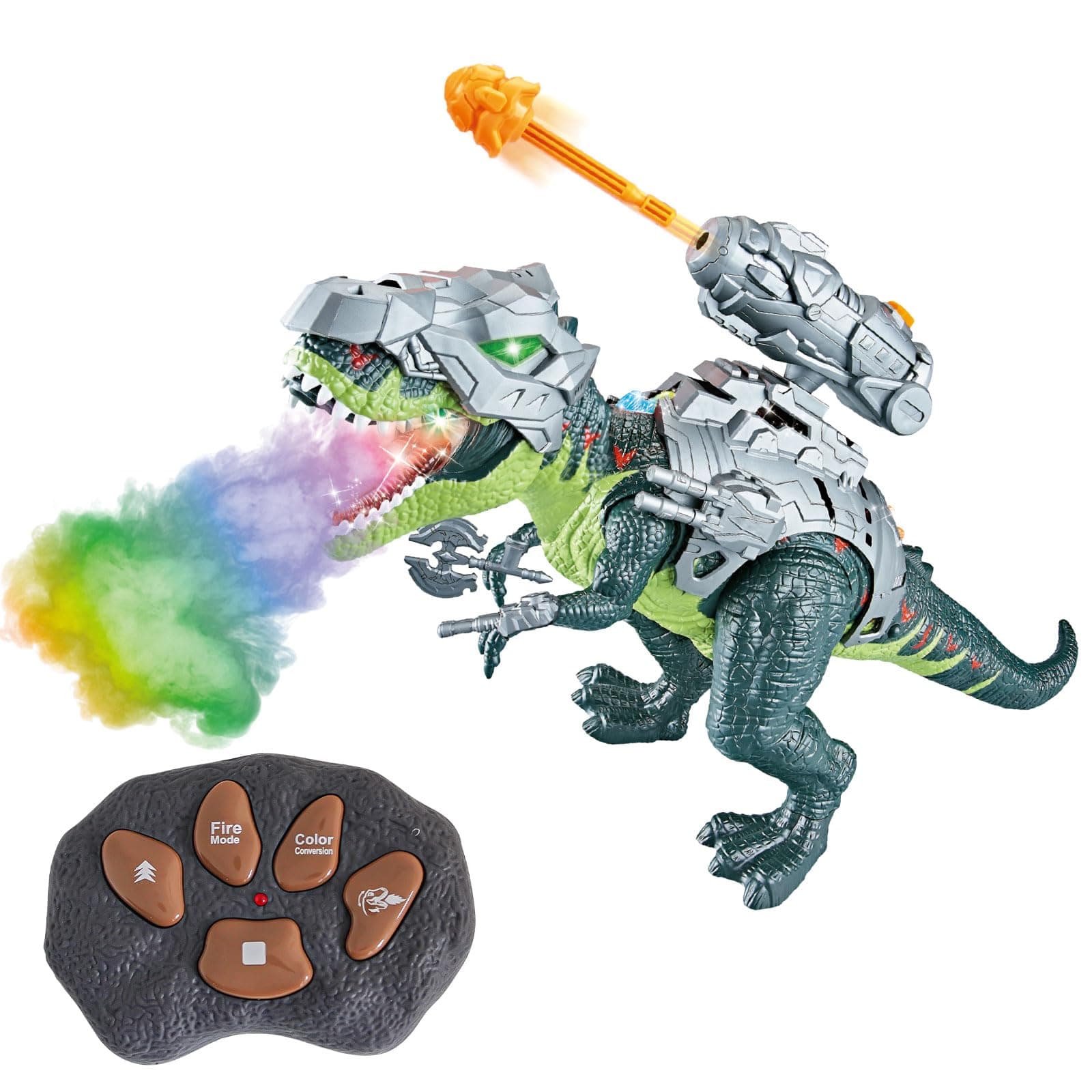 HANMUN Remote Control Dinosaur Walking Dinosaur Toy with Armor Launching Bullets Mist Spray LED Lights Roaring Sound for Boys and Girls Ages 3+