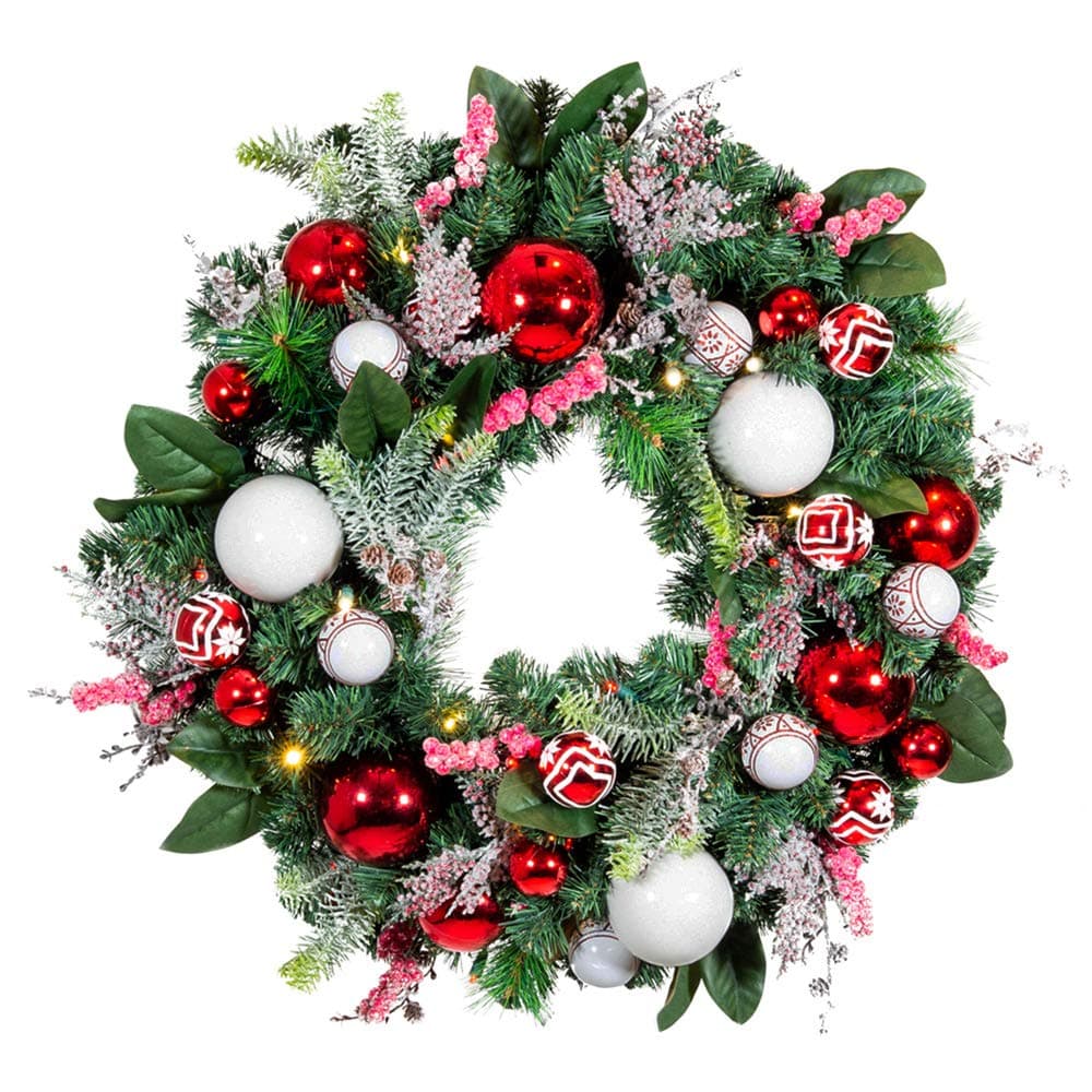 [30 Inch Artificial Christmas Wreath] - Nordic Collection - Red and White Decoration - Pre Lit with 50 Candy Cane Colored LED Mini Lights - Includes Remote Controlled Battery Powered Timer