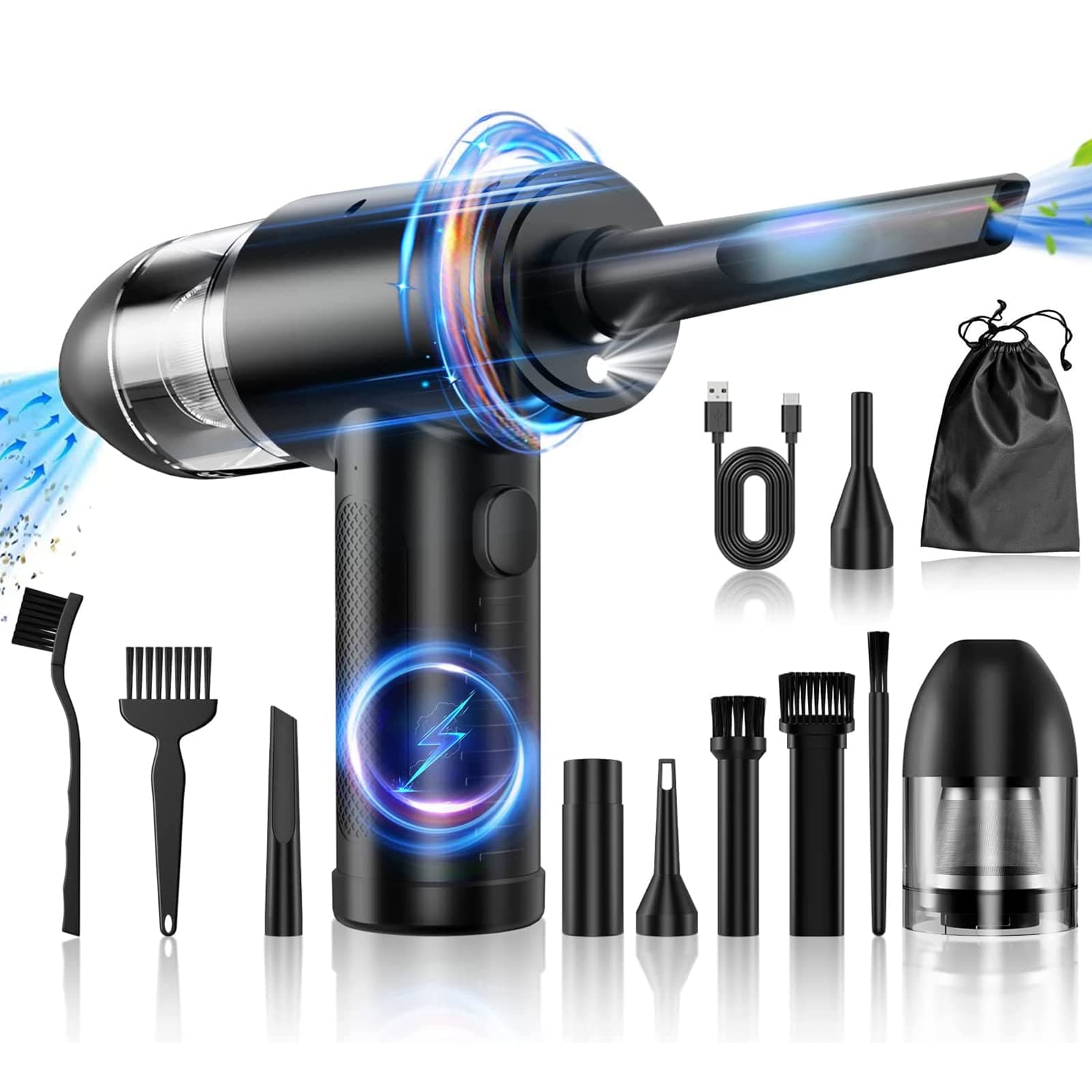 Ponicozy Compressed Air Duster, Electric Air Duster and Vacuum 2 in 1, 3-Gear to 91000RPM, 7600mAh Cordless Duster Replaces Air Cans Pump for Computer Keyboard Camera Car Home Cleaning