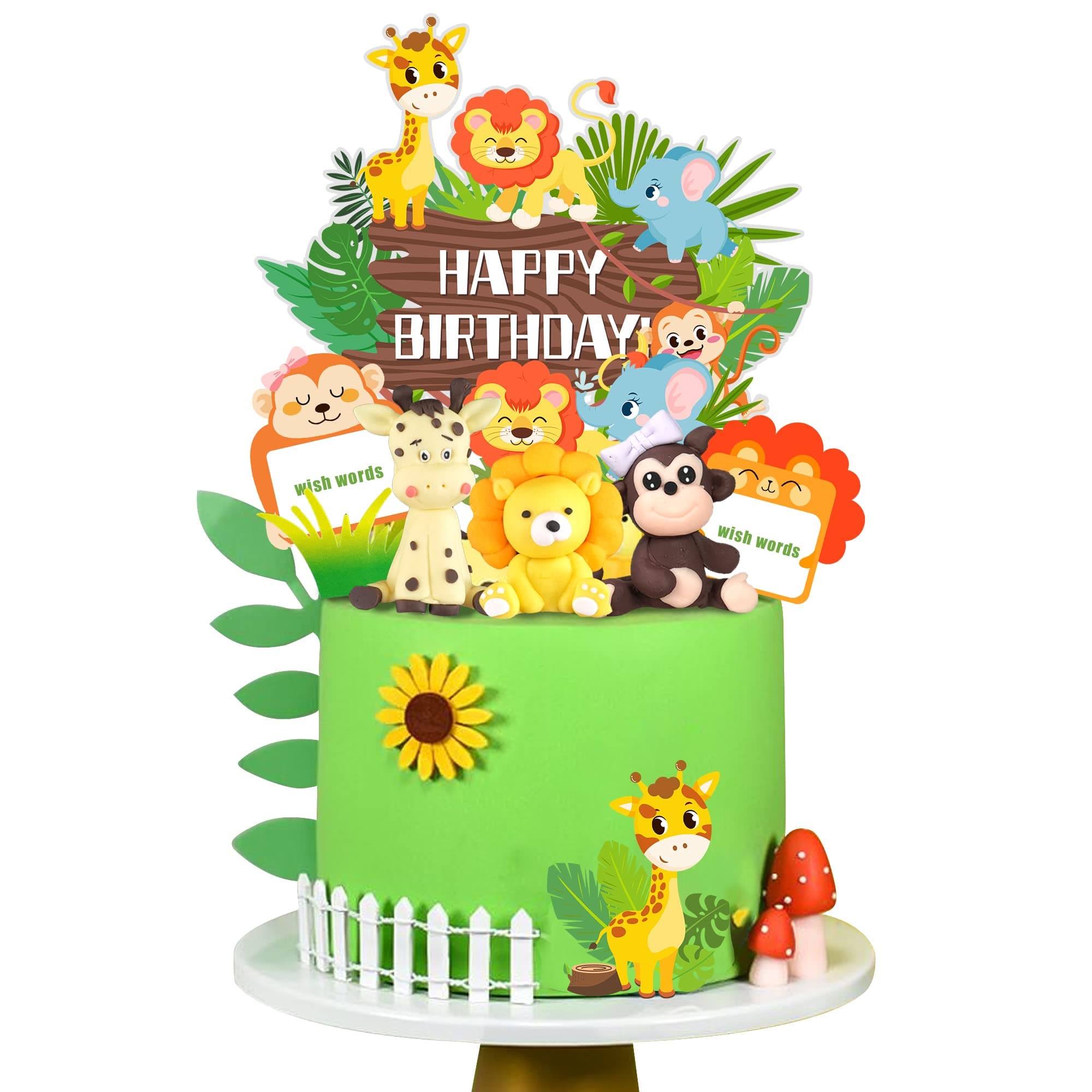 Safari Cake Topper Jungle Safari Animal Cake Decorations with Giraffe Lion Monkey Tropical Leaves for Jungle Themed Birthday Supplies (Jungle Safari)