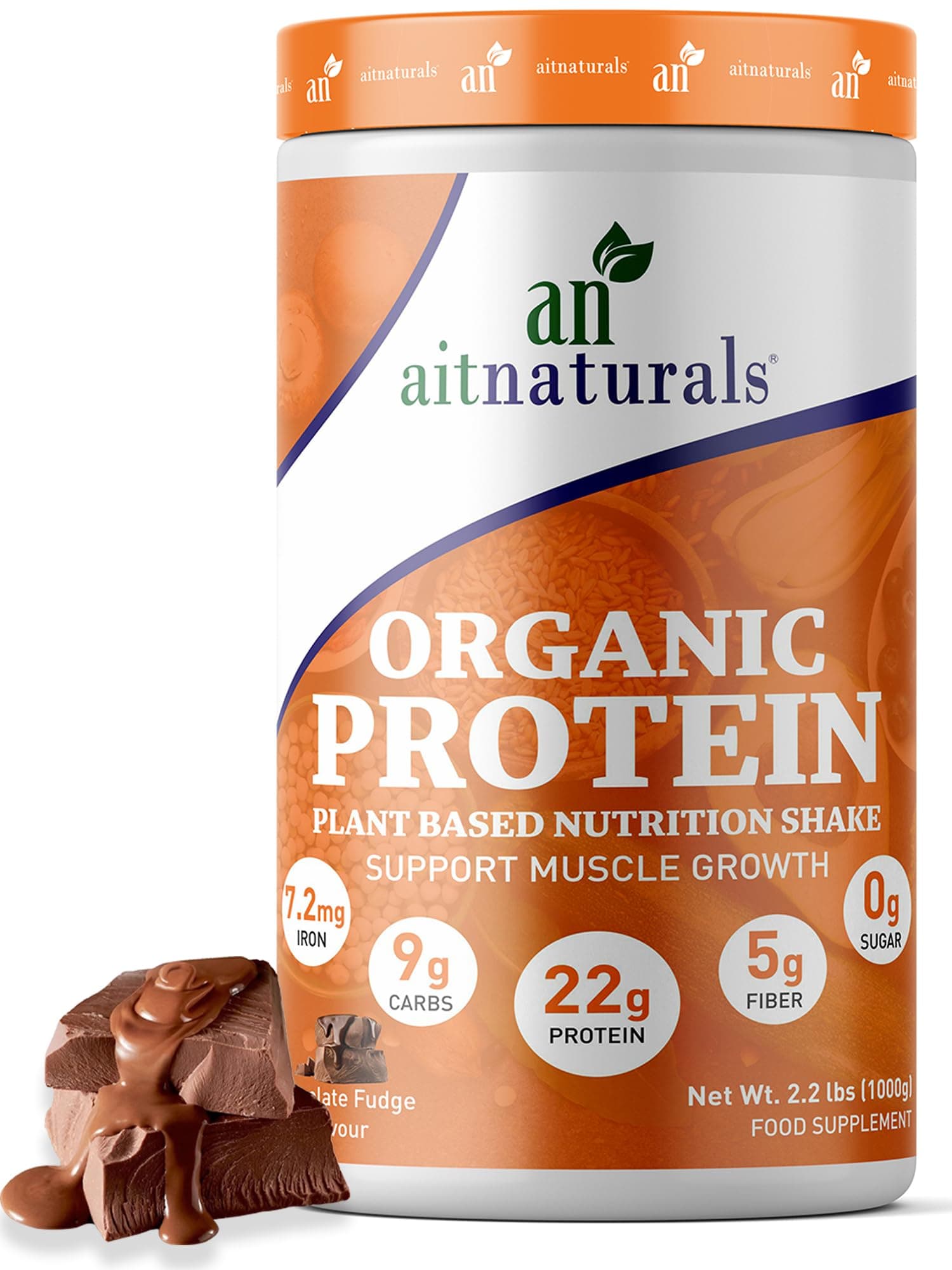 Aitnaturals Plant-Based Organic Protein Powder Creamy Chocolate Fudge 1kg, 2.2lbs, 25 Servings - 20g Pea Protein per Serving| Ideal for Smoothies & Shakes | Supports Muscle Growth & Workout Recovery