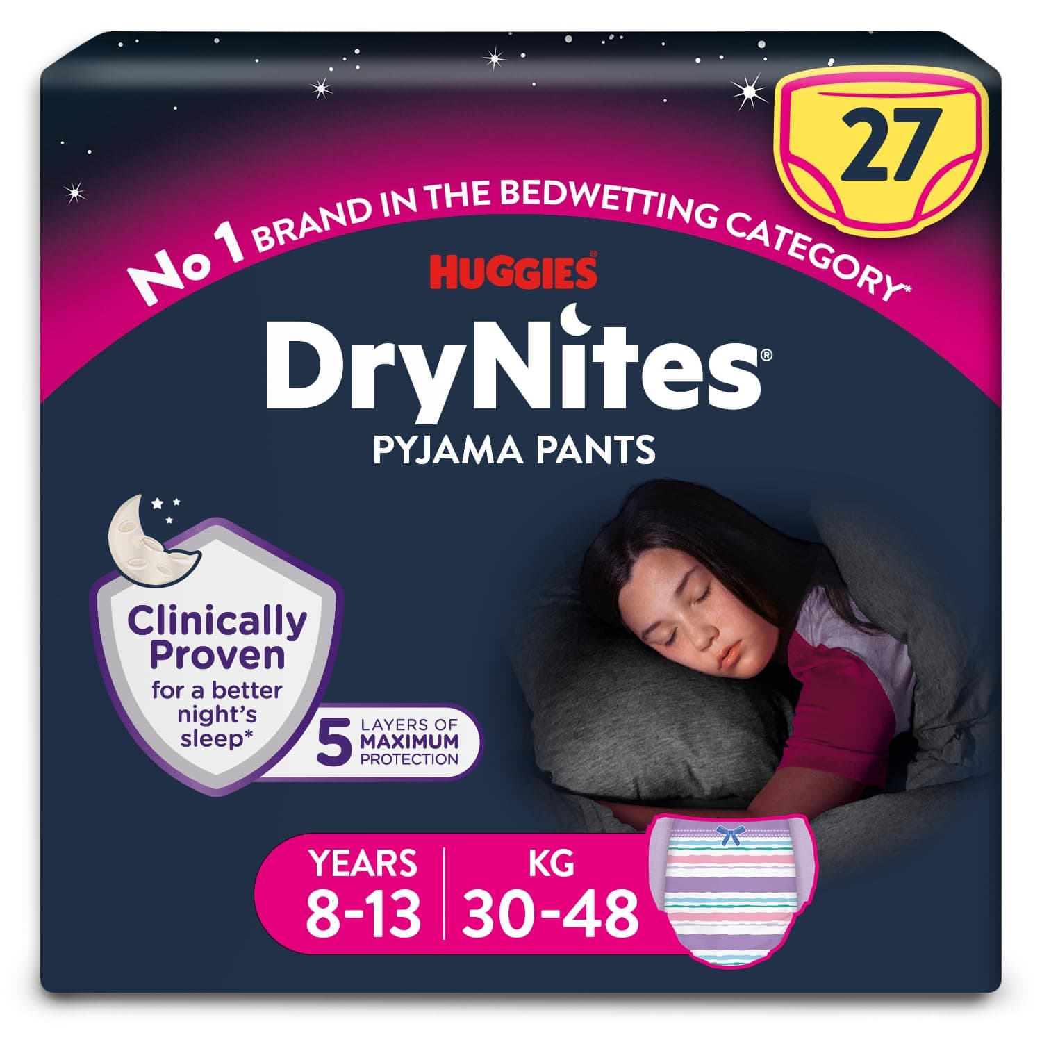 HUGGIES DryNites, Pyjama Pants, Girls 8-13 Years (30-48KG), 27x Bedwetting Pants, Up to 100% Leak Free Nights
