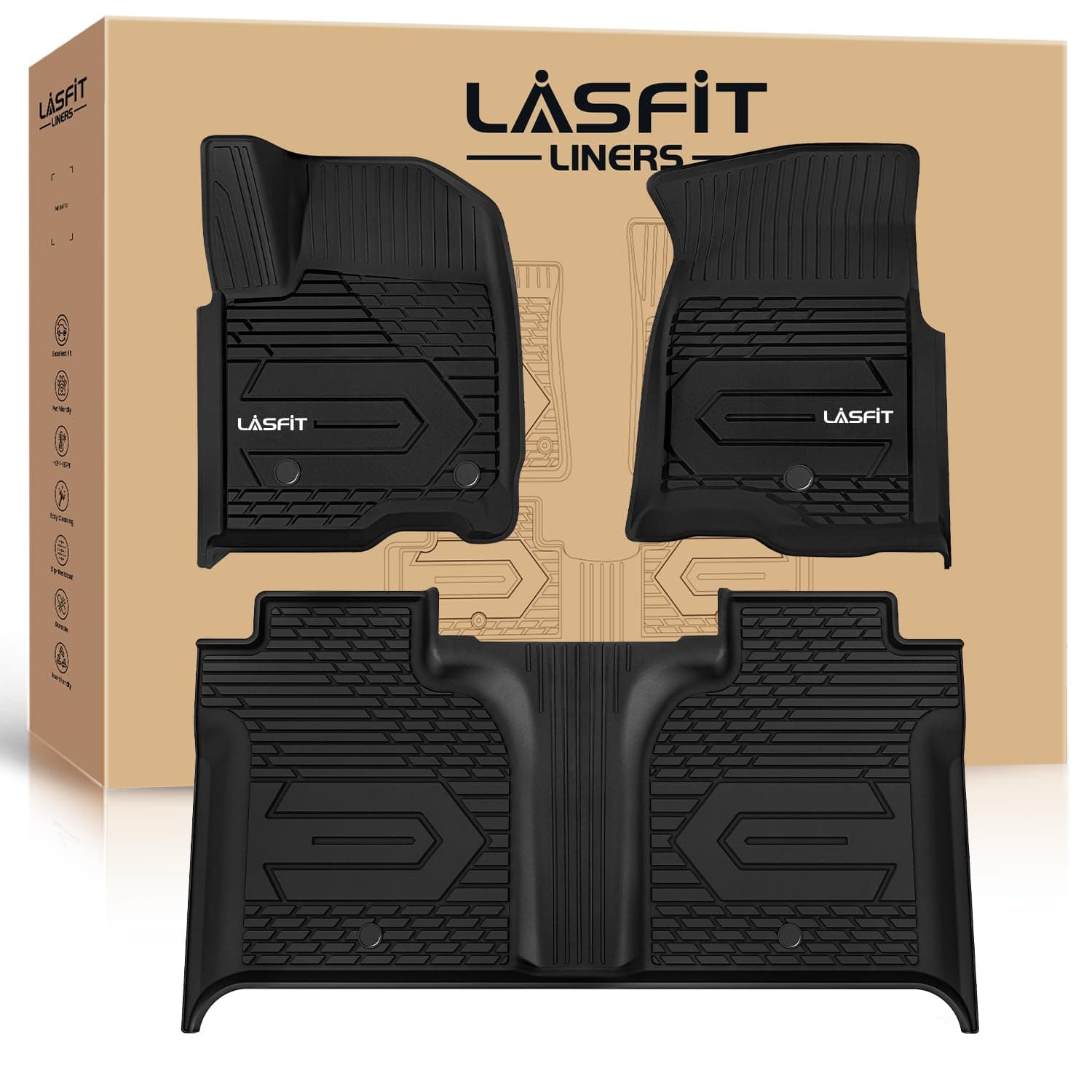 LASFIT Floor Mats Fits for 2019-2020 Chevrolet Silverado 1500 & GMC Sierra 1500 Crew Cab, All Weather Guard Custom Fit TPE Floor Liners, Front Bucket Seating & Rear Seating with Factory Storage, Black