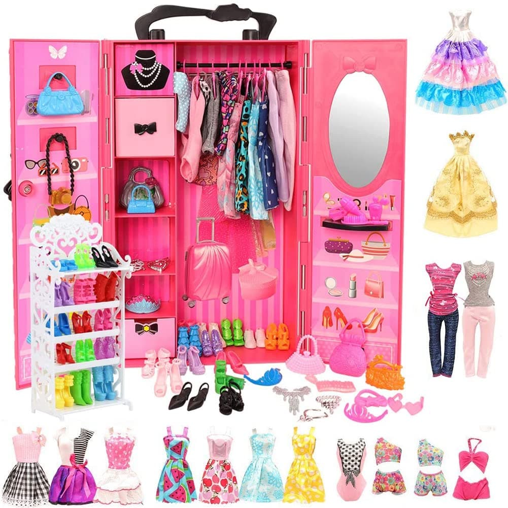 80 Pcs Doll Clothes Waredrobe Accessories, Shoes Rack, Fashion Dresses, Outfits Clothes Sets, 2 Swimsuits, 8 Mini Dresses, 20 Shoes and Hangers, Hand Bags, Crowns and Glasses, For 11.5 inch Dolls
