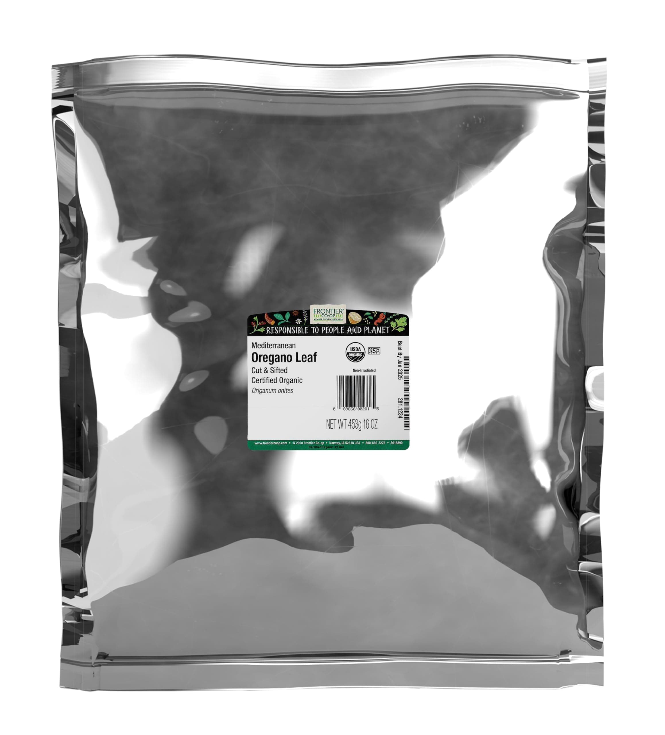 Frontier Co-op Organic Mediterranean Oregano Leaf, Cut & Sifted, Fancy Grade, 1 Pound Bulk Bag