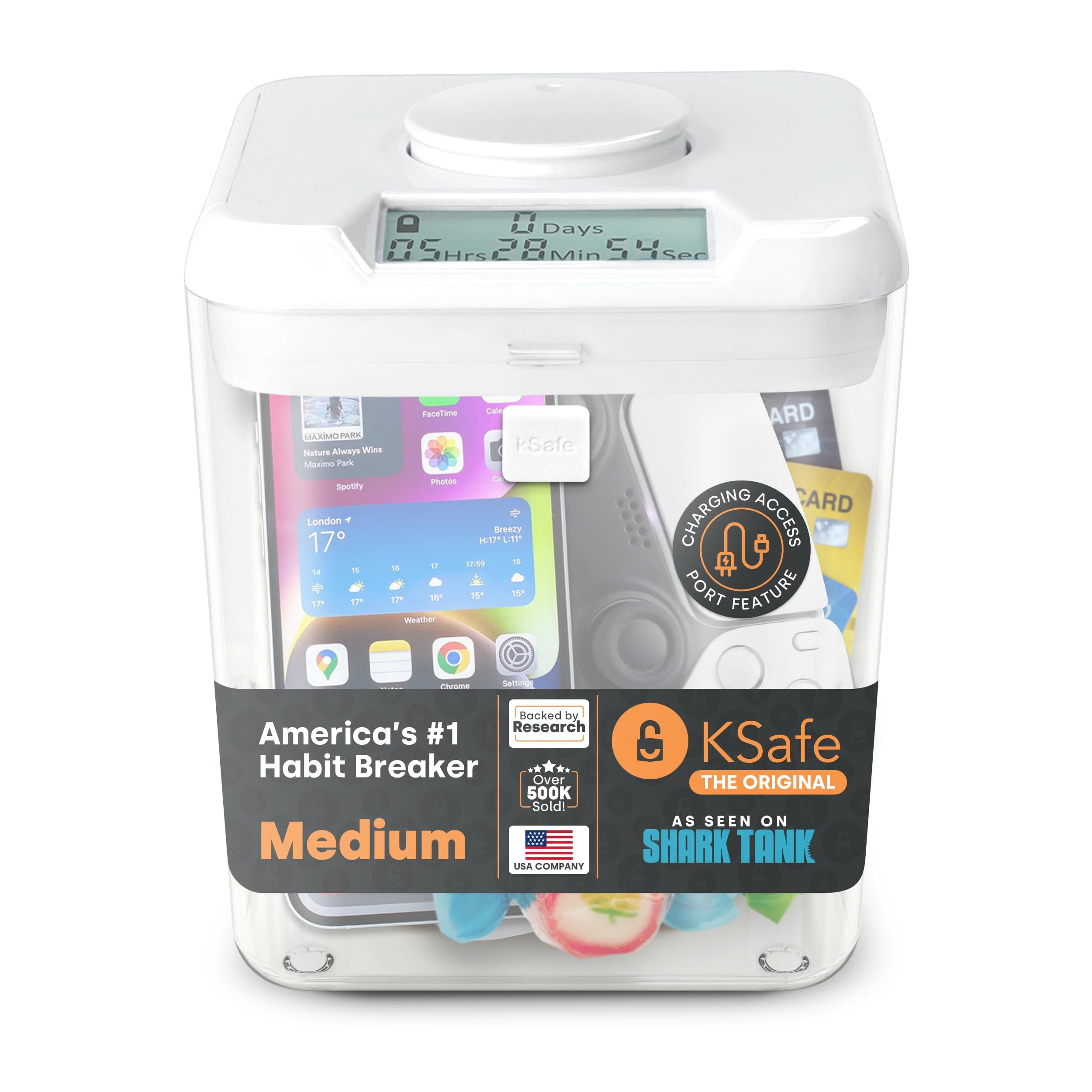 Kitchen Safe Time Locking Container (Medium), Timed Lock Box for Cell Phones, Snacks, and other unwanted temptations (White Lid + 14cm Clear Base with Access Port)