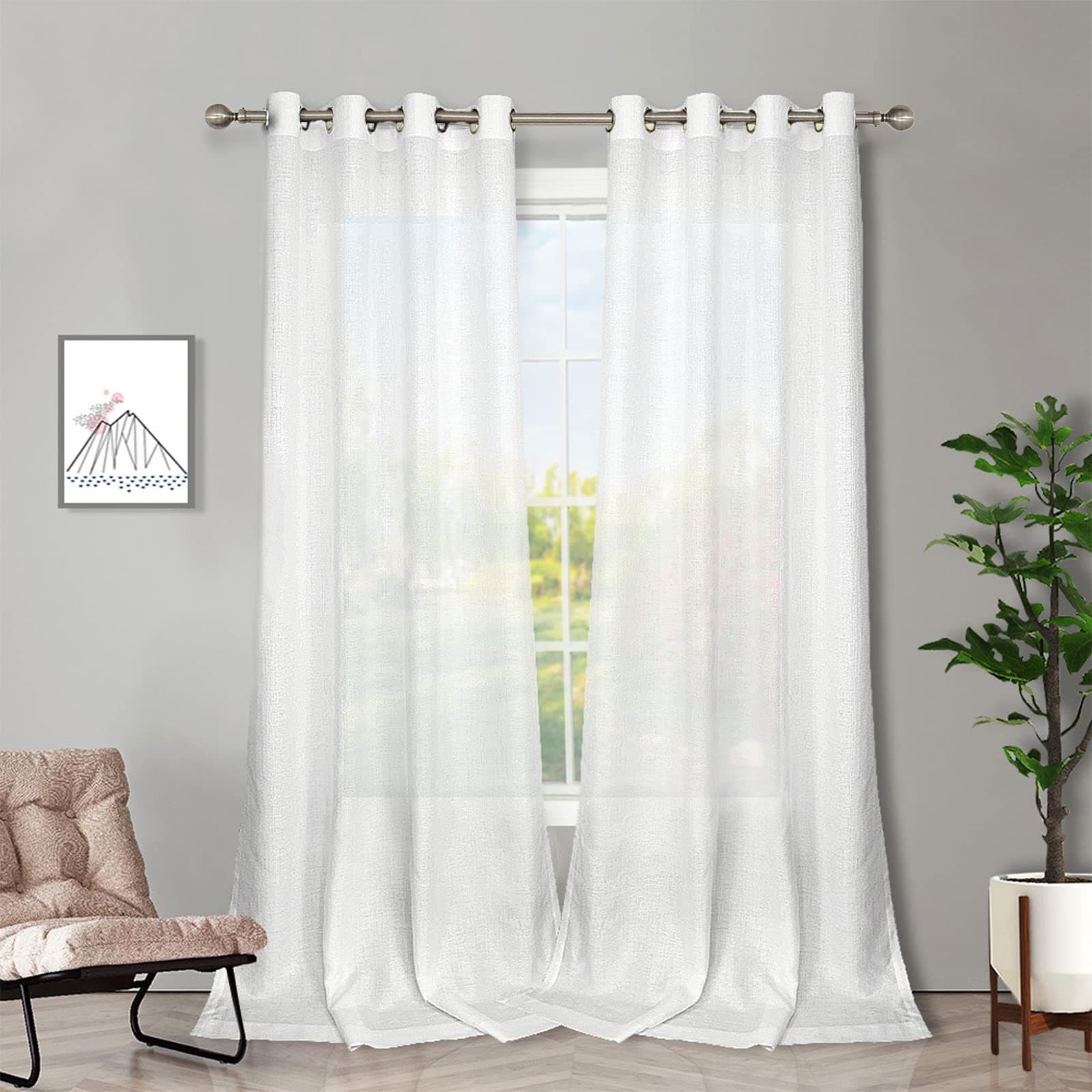 MelodieuxWhite Semi Sheer Curtains 96 Inches Long for Living Room - Linen Look Bedroom Grommet Top Voile Drapes, 52 by 96 Inch (2 Panels)