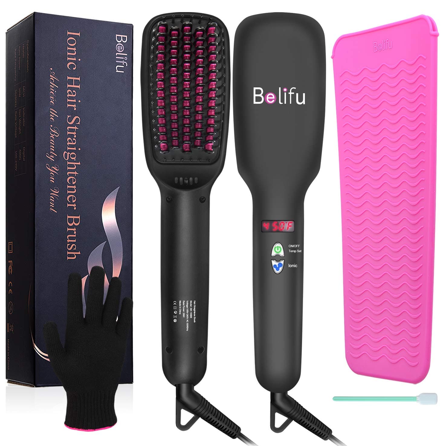 Belifu Ionic Hair Straightener Brush Dual Voltage with Silicone Mat Pouch for Safe Storage, Straightening Comb Protect Sensitive Scalp, 30s Fast Ceramic Heating, Auto Off,with Comb Cleaner and Glove
