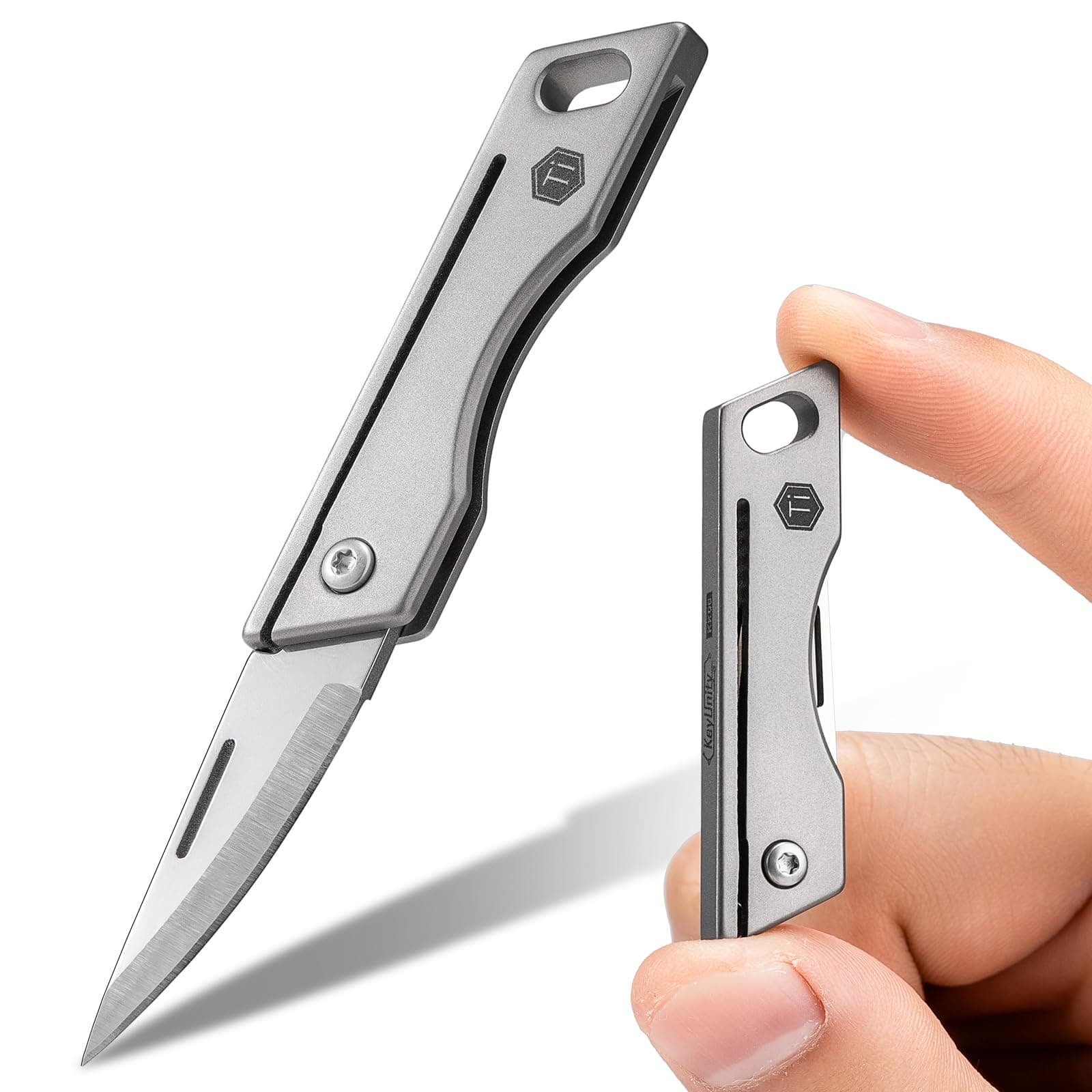KK06 Mini EDC Pocket Knife, Small Titanium Folding Knife with Built-in Keychain Hole for Everyday Carry(Grey)