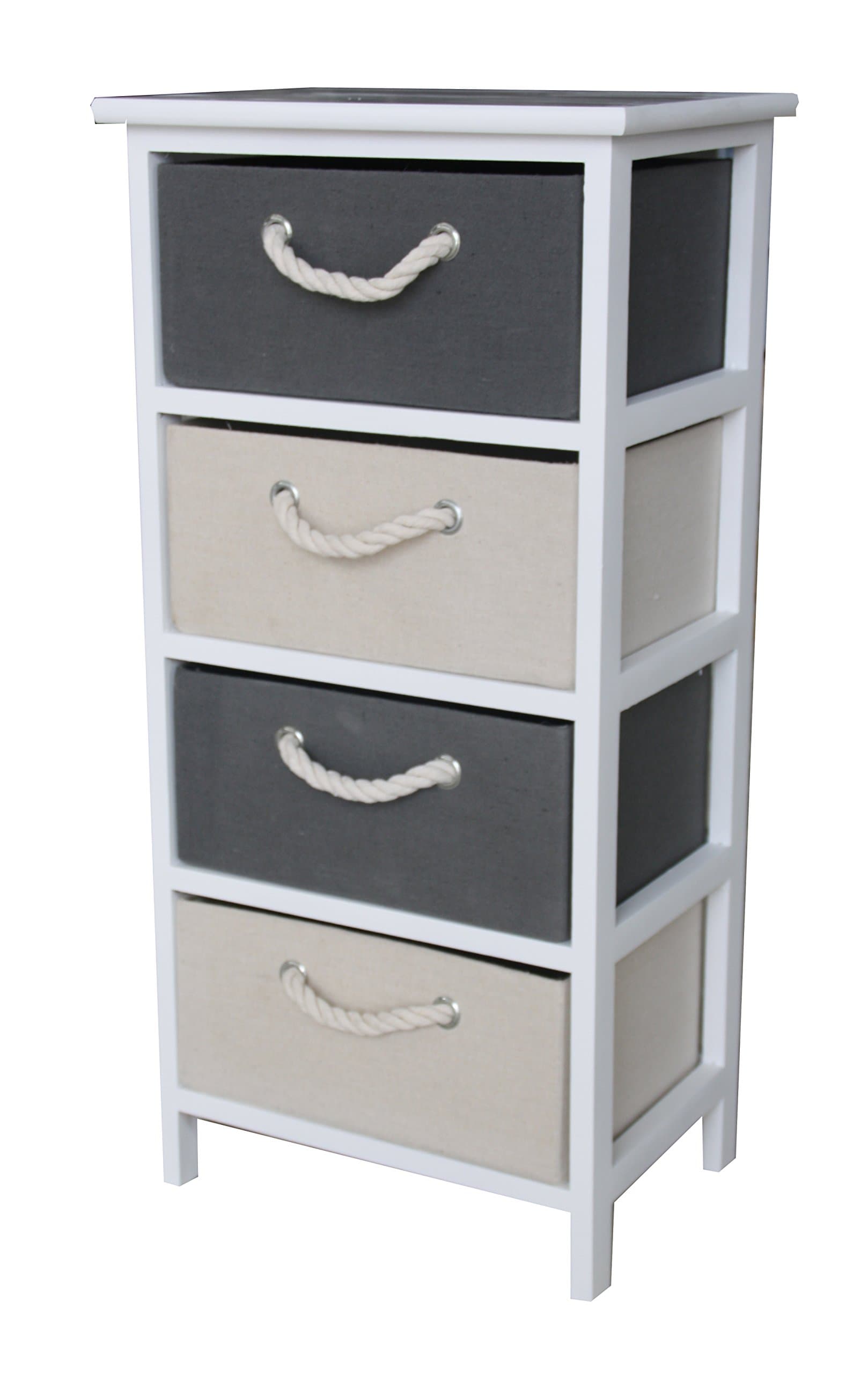 Shabby Chic Modern Wooden White Bedside Table Chest Drawer Cabinet with Rope Handle Storage Units Cupboard Bedroom Bathroom Kitchen Furniture (4 Draws)