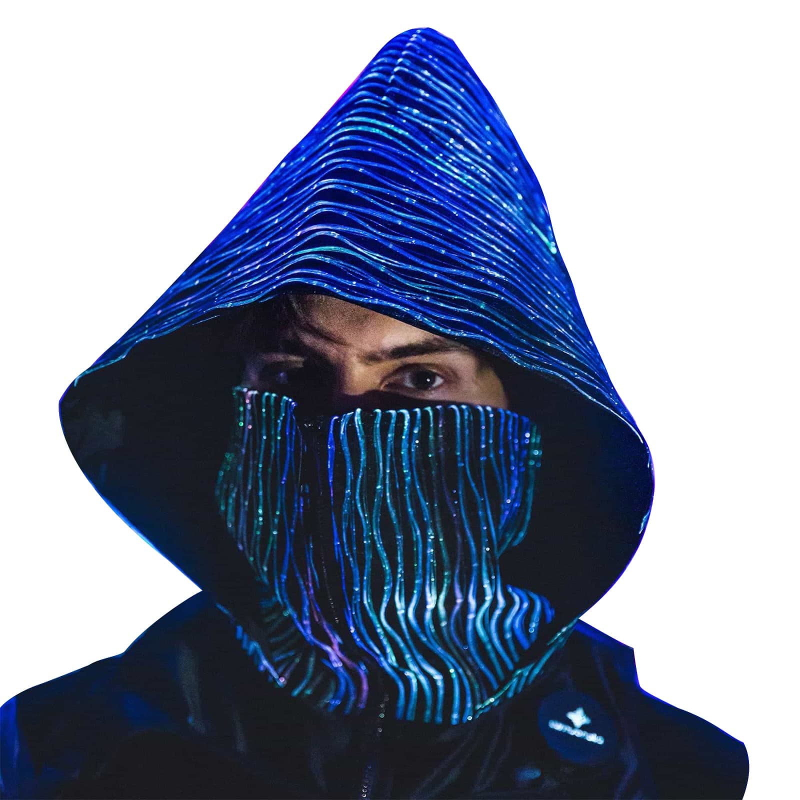 Cowl Hood Light up Hat LED Rogue Hood Cosplay Mask Luminous Festival Accessories Punk Techwear Cape Futuristic Clothing Flashing Hat for Men Glow in The Dark Outfit Outdoor Costume