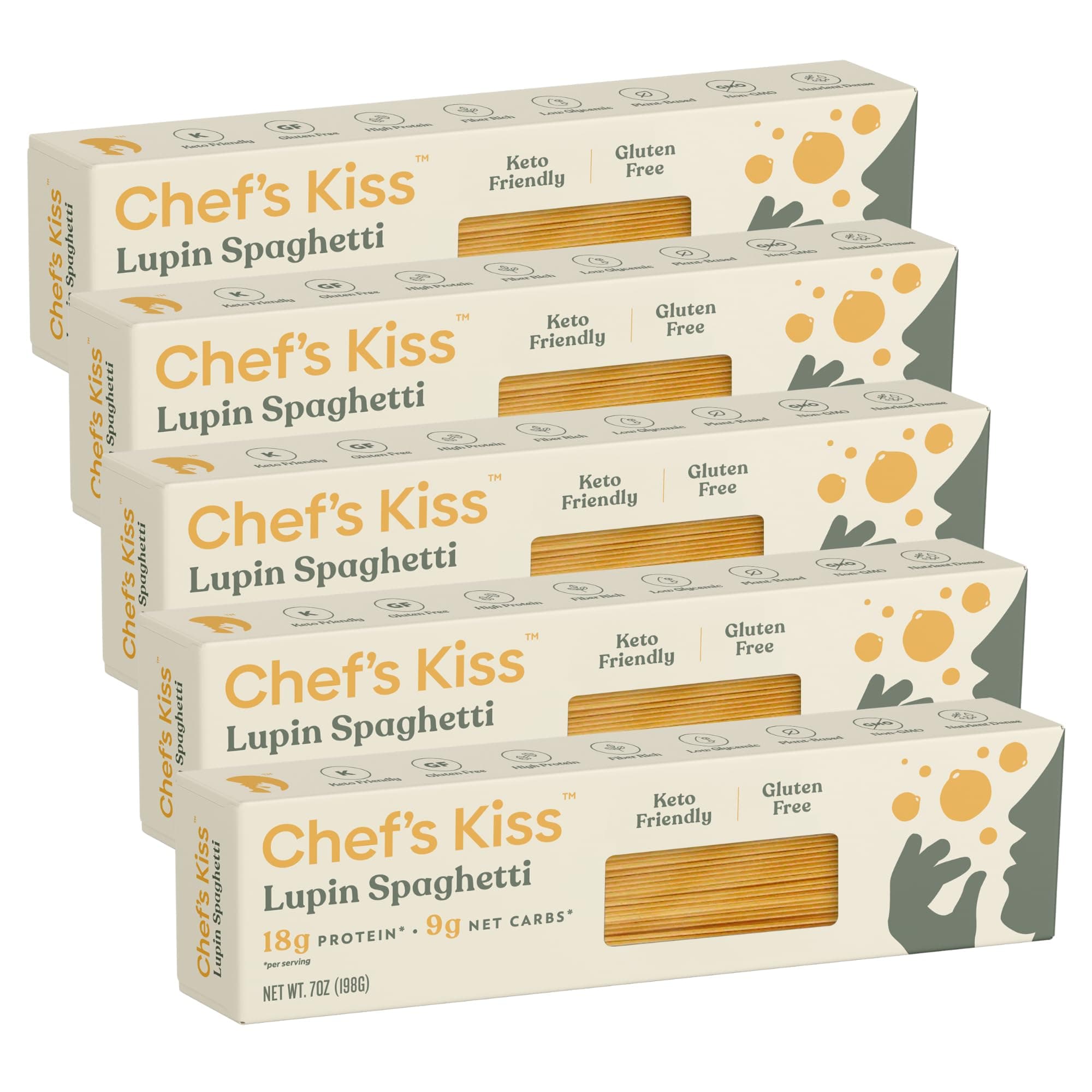 Chef’s Kiss Low Carb Spaghetti | 9g Net Carbs, 18g Protein | Keto, Low Glycemic Pasta made from Lupins | High Protein, Fiber Rich, Plant-Based | Keto Spaghetti Alternative | 5-Pack (7oz)