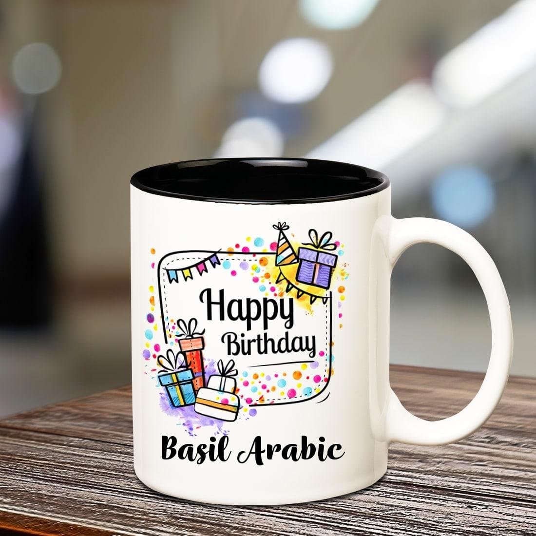 Huppme Happy Birthday Basil Arabic Inner Black Coffee Name Mug