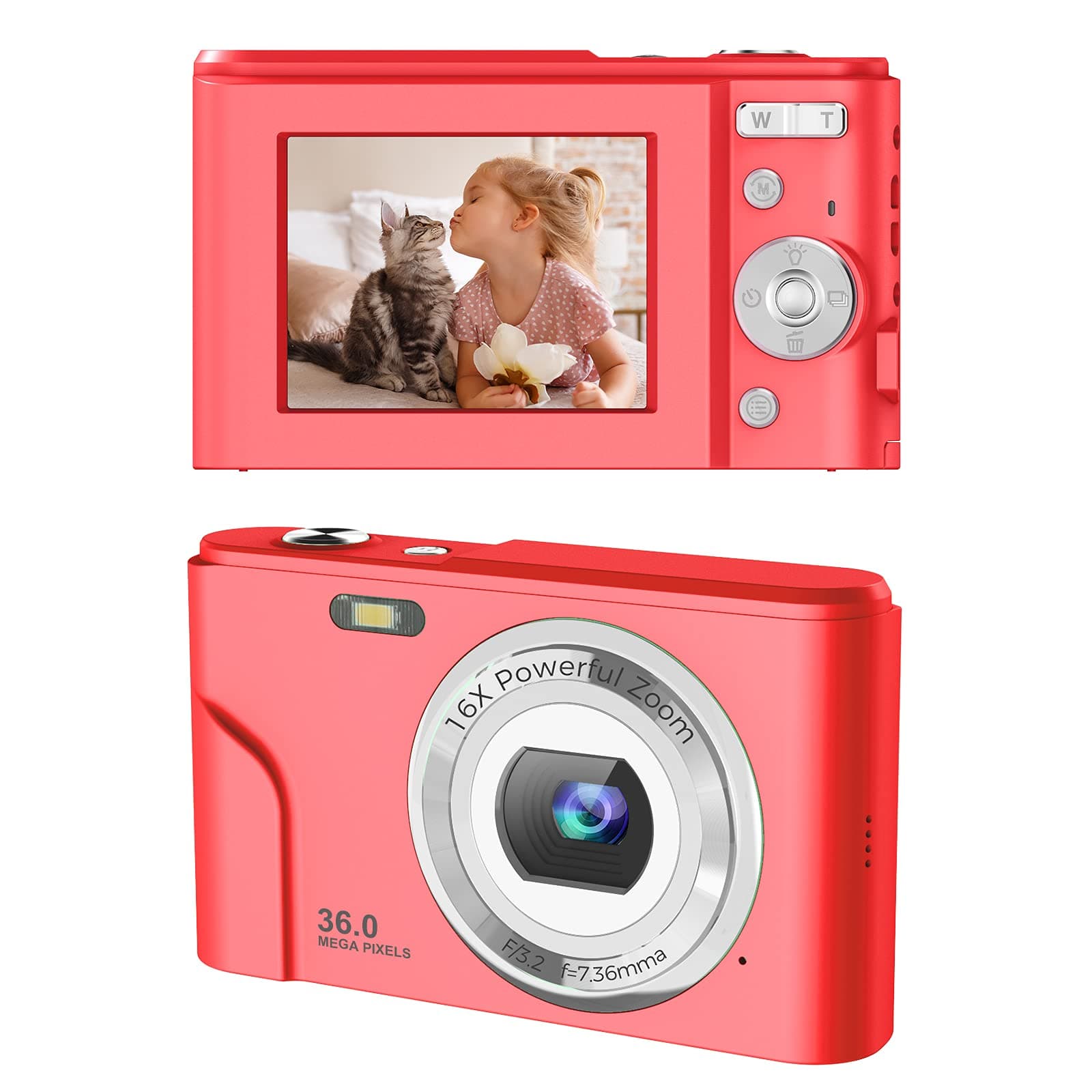 TOBERTO HD Digital Camera, 1080P Vlogging LCD Mini Camera with 16X Zoom 36MP Digital Point and Shoot Camera Video Camera, for Kids Students Beginners Beauty Face (2.4inch, Red)