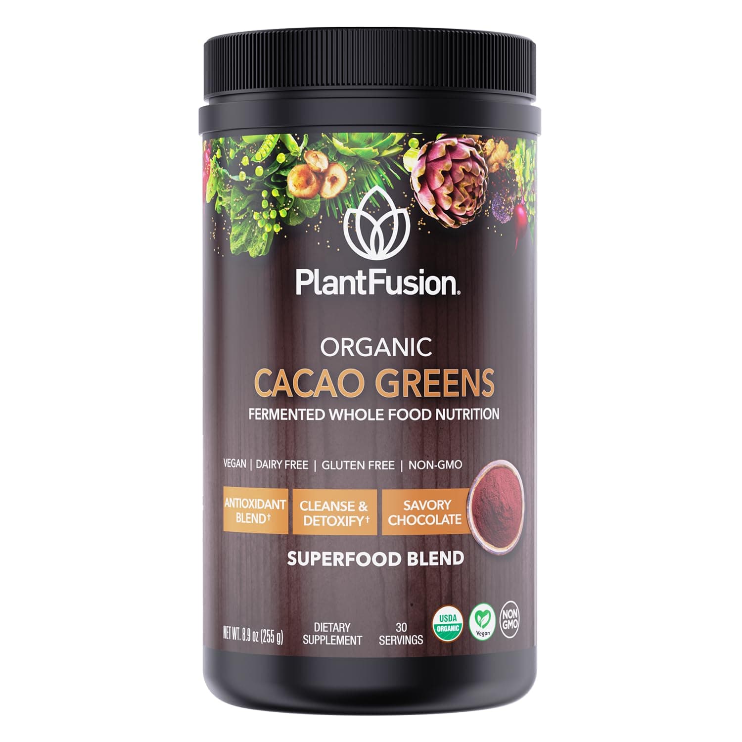 SOTRU Raw Organic Cacao Powder & Super Greens - Fermented Superfood Blend with Digestive Enzymes, Prebiotic Fiber & Antioxidants - Organic, Non-GMO, Gluten Free, Vegan - Chocolate, 30 Servings, 8.47oz