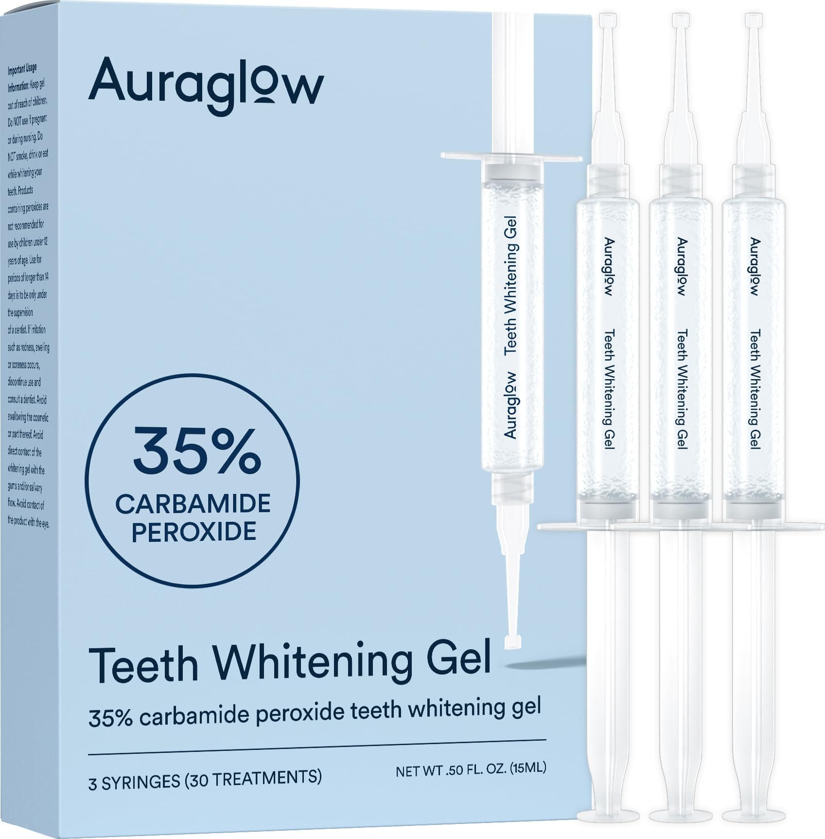 Teeth Whitening Gel, 35% Carbamide Peroxide, 3 Gel Syringes, 30 Treatments
