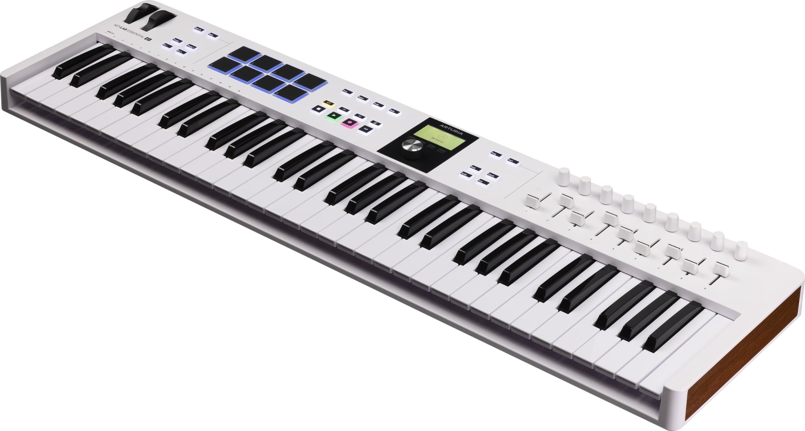 - KeyLab Essential 61 mk3 MIDI Controller with 61 Velocity-Sensitive keys, 9 Encoders, 9 Sliders, 8 RGB Pads - USB-C, Midi Out, LCD Screen, Bundled Software and DAW Integration - White