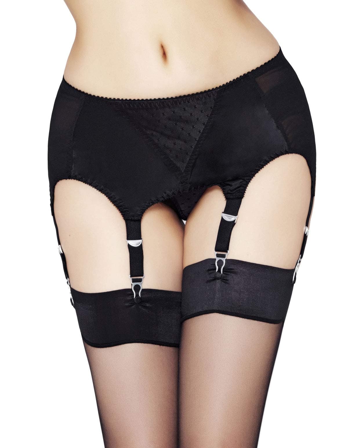 Black Vintage 6 Strap Suspender Belt with Black Lace 103 Sml