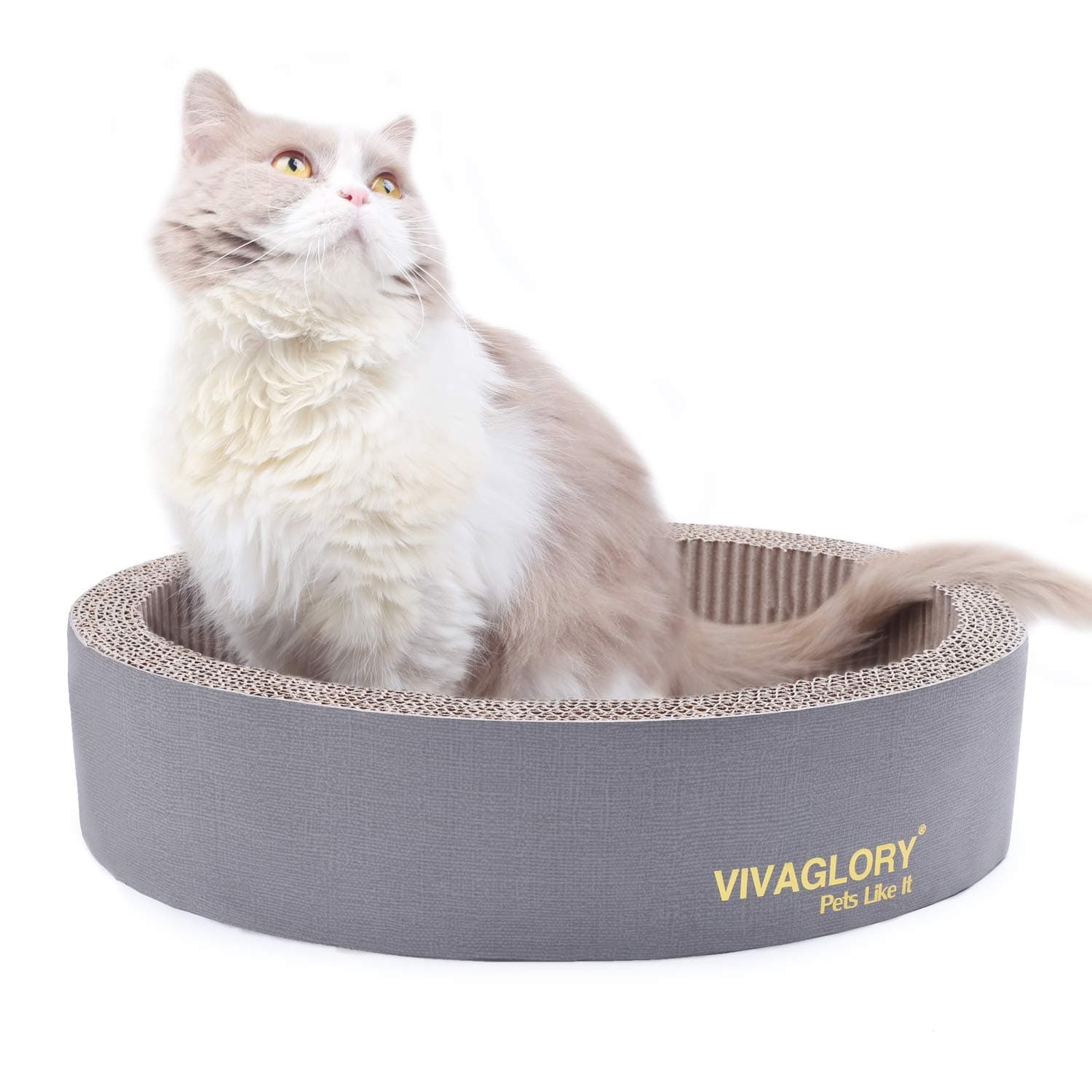 Vivaglory Oval Cat Scratcher Cardboard, Durable Cat Scratch Lounger Scratching Bed with Catnip for Small & Medium Sized Cats, Grey
