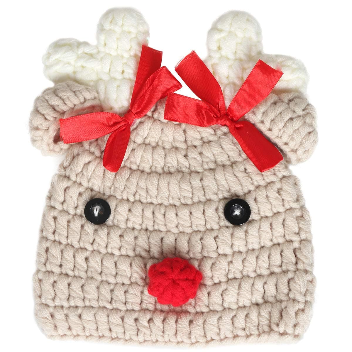 Infant Baby Knitted Beanie Photo Prop Crochet Knit Cap Christmas Cap Deer Hat with Bow