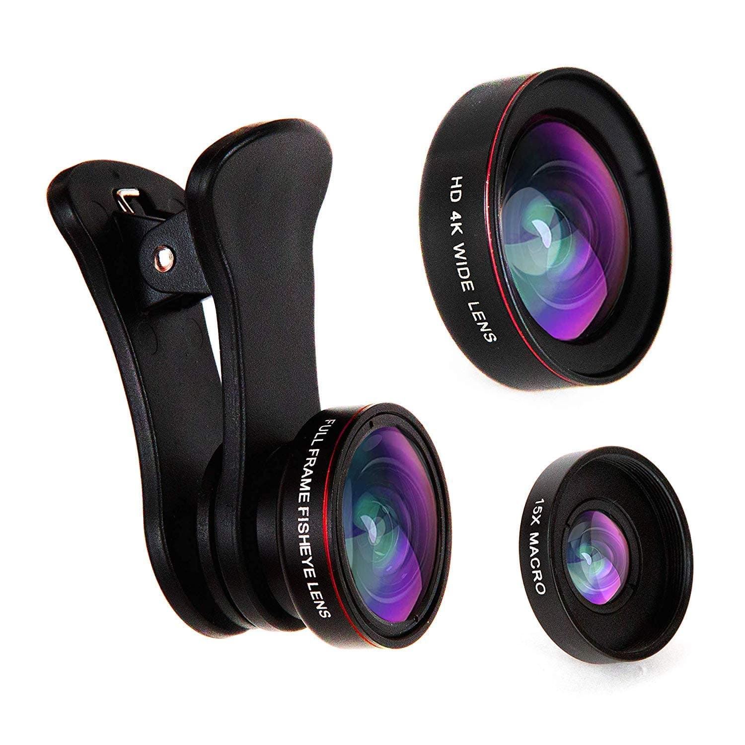 Phone Camera Lens Kit for iPhone, Samsung & Cell Phones | 3 in 1 Fisheye Lens, Wide Angle Lens and Macro Lens Attachment | Travel Size plus Accessories