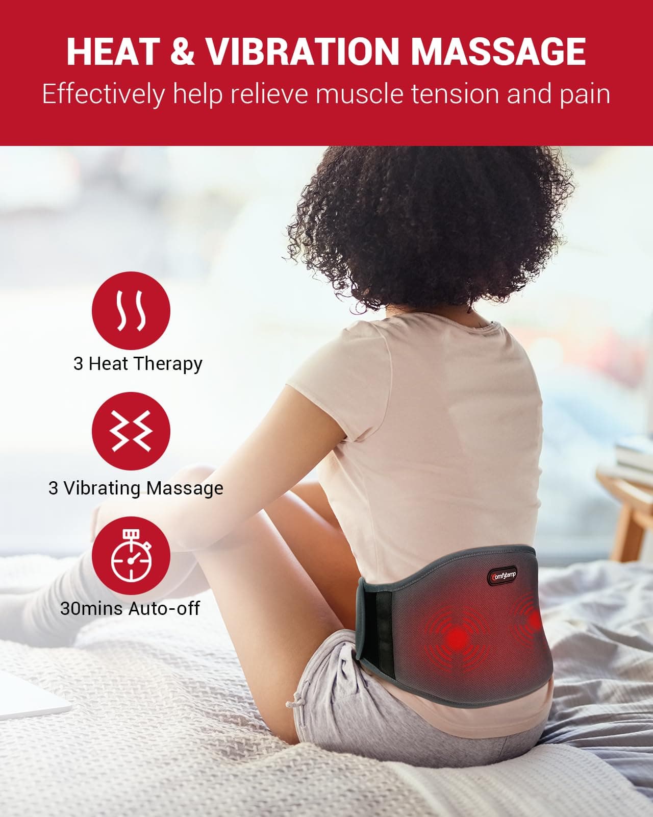 Comfytemp Cordless Heat Pad for Back Pain Relief with Vibration Massager, Portable Belt 3 Levels, Auto-off, 5000mAh Power Bank, Rechargeable Lower Lumbar Waist Abdomen, Gray, 7''x43'', 1.0 count