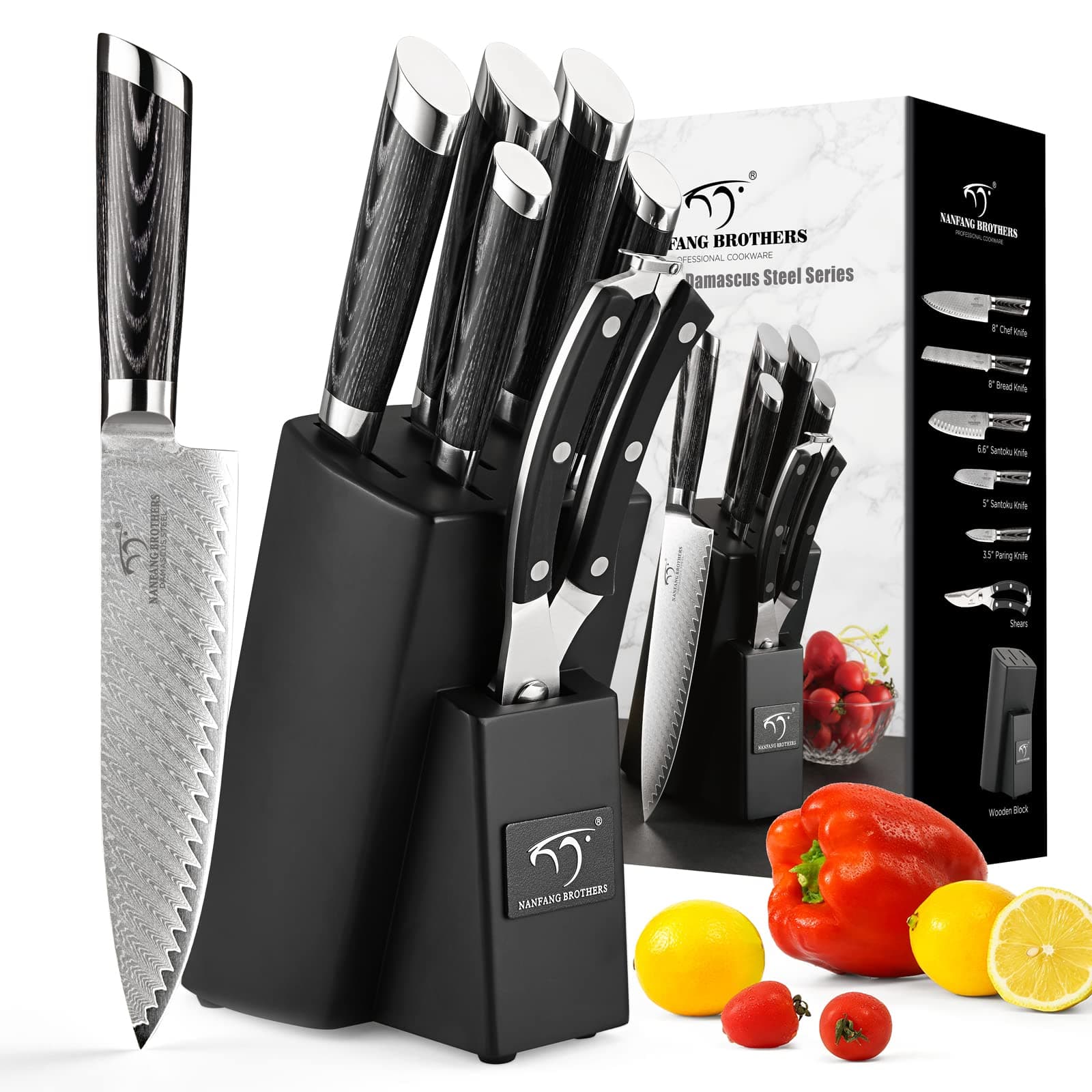 NANFANG BROTHERS Knife Set, 7-Piece Damascus Kitchen Knife Set with Block, ABS Ergonomic Handle for Chef Knife Set, Kitchen Shears, Knife Block Set