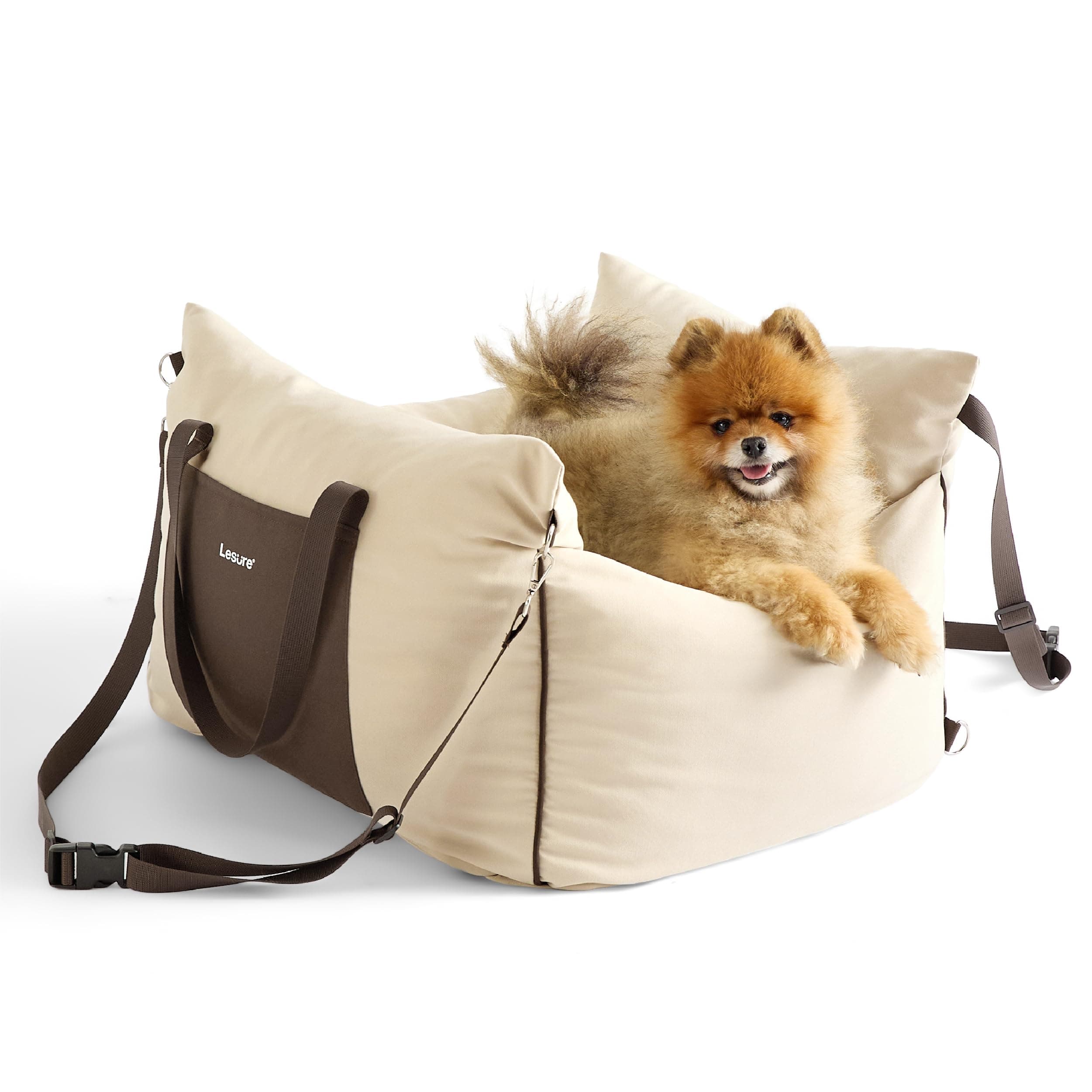 Lesure Small Dog Car Seat for Small Dogs - Dog Booster Seat for Car with Waterproof Bottom, Clip-On Safety Leash and Thickened Memory Foam Filling, Pet Carseat Puppy Travel Carrier Bed, Beige