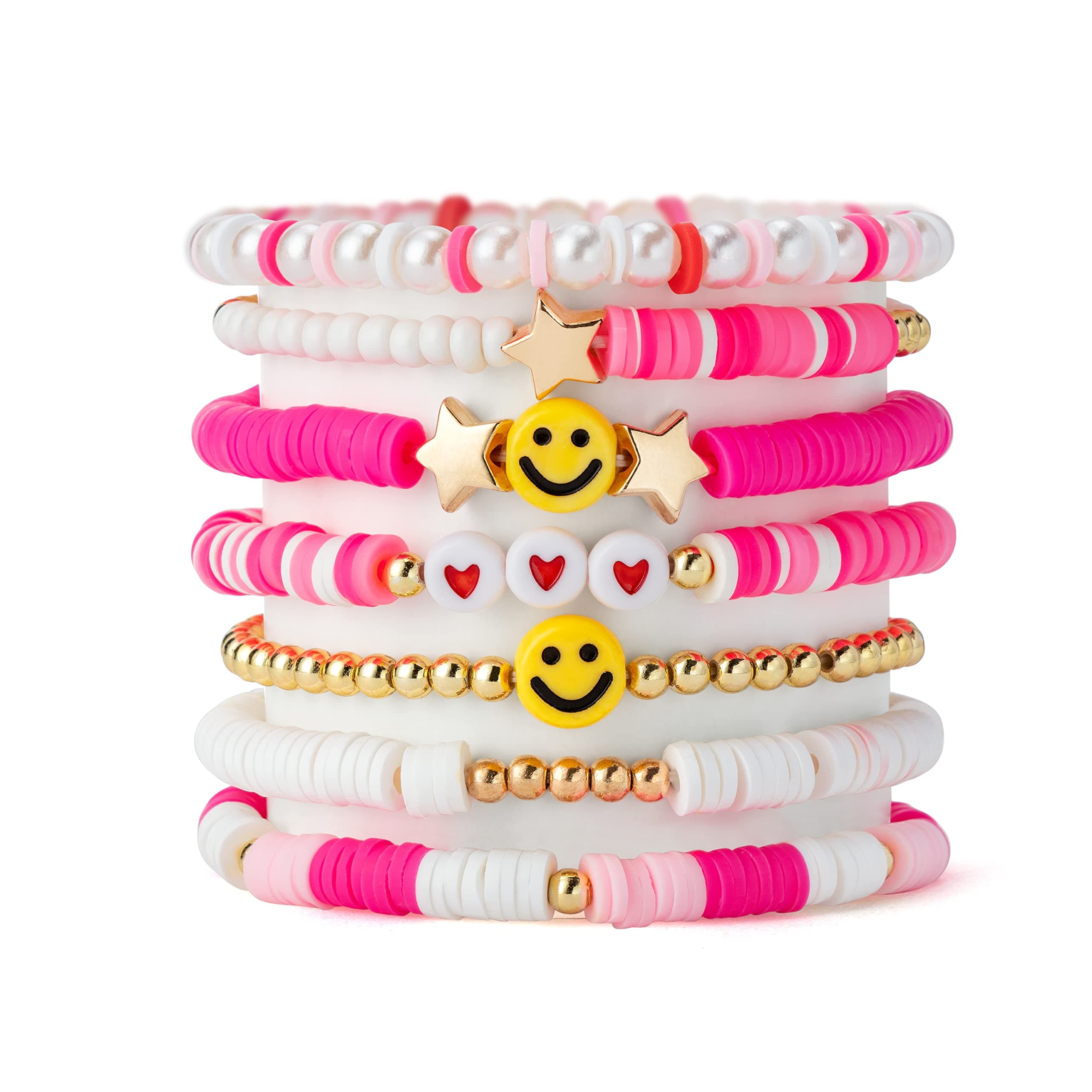 Preppy Heishi Bracelets Set Colorful White Gold Smile Heart Star Evil Eye Beaded Polymer Clay Pearl Stackable Charm Y2K Kidcore Summer Beach Bohemian Layering Bracelets Jewelry for Women Girls Teens