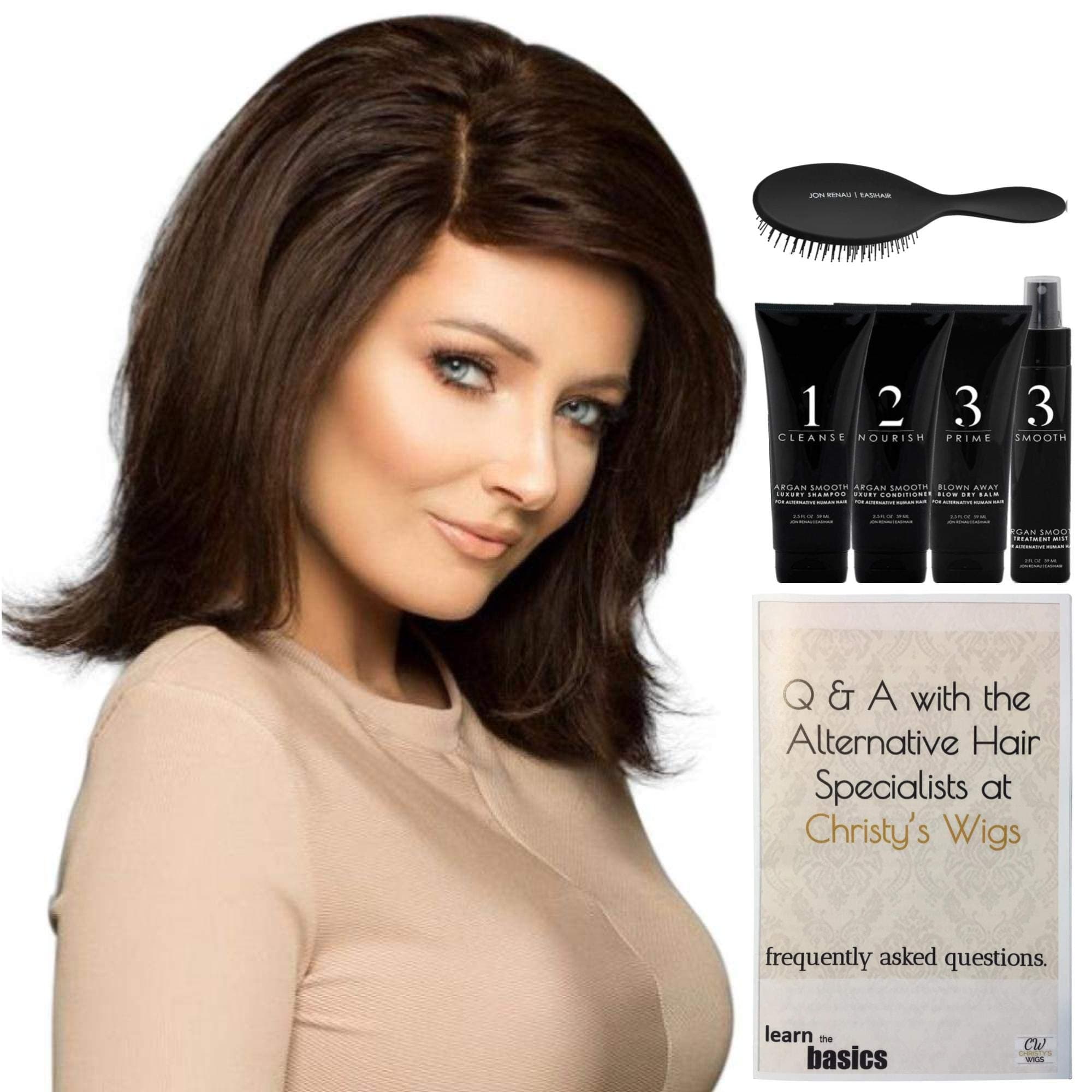 Bundle - 7 item: Viva Remy Human Hair Wig by Wig Pro, Christy's Wigs Q & A Booklet Luxury Shampoo & Conditioner Blown Away Balm Treatment Mist & Paddle Brush - Color: 14/22
