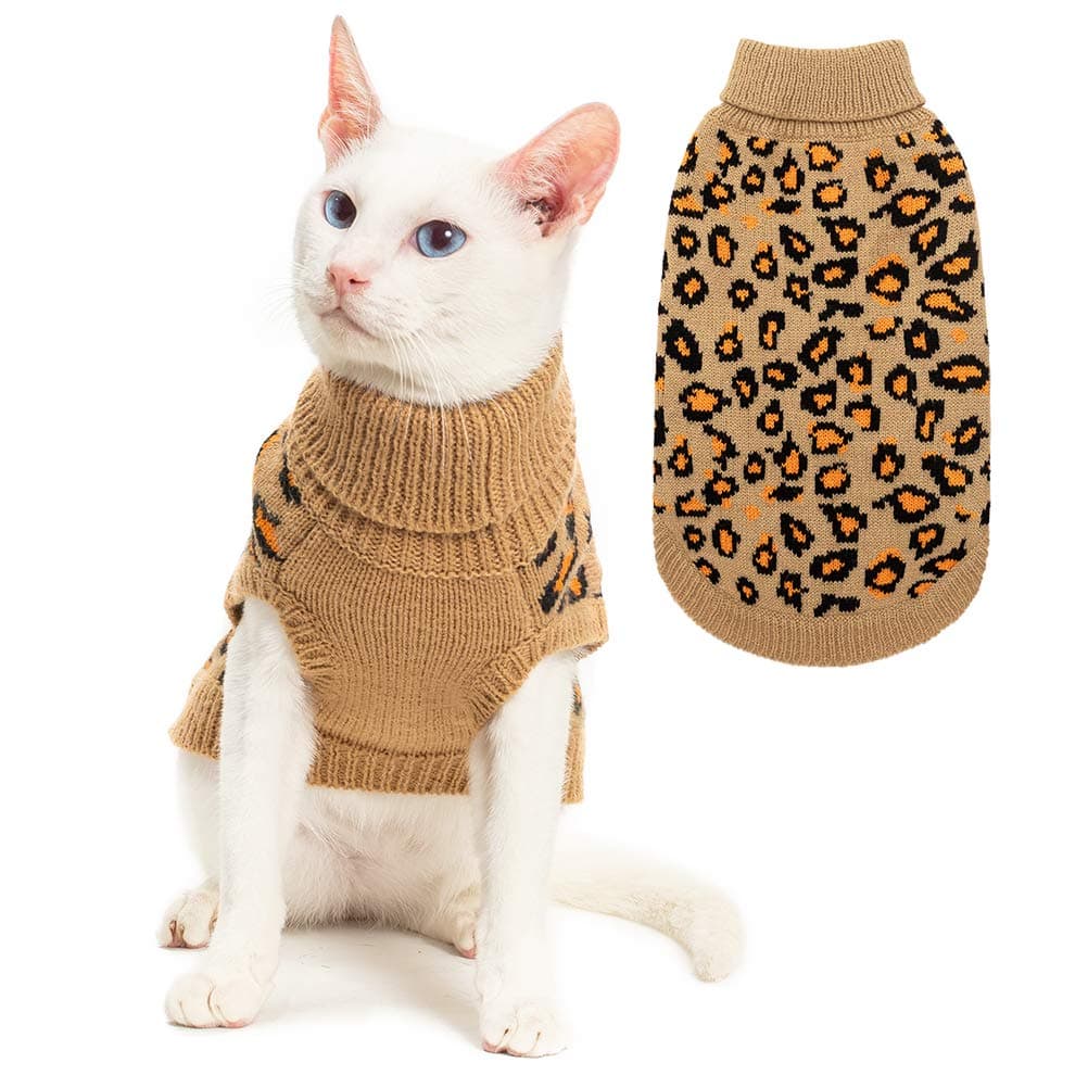Mihachi Winter Warm Cat Sweater Turtleneck Puppy Pets Sweater Knit Vest Fashion Leopard for Cats Puppy Small Animals Brown Medium