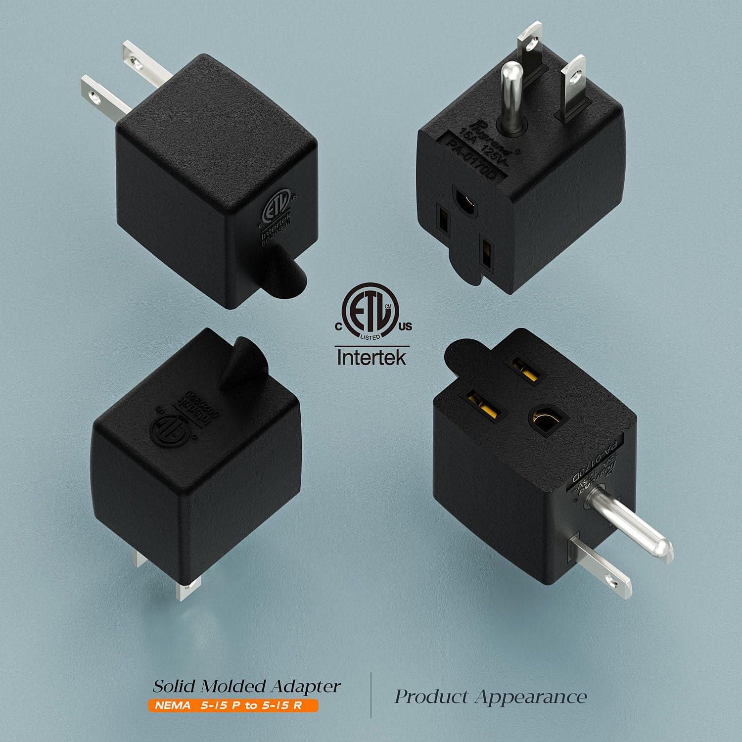 PA-0170D 90 Degree Right Angled USA Male-Female Power Adapter, 5-15P to 5-15R Direction Changer, Space Save Black
