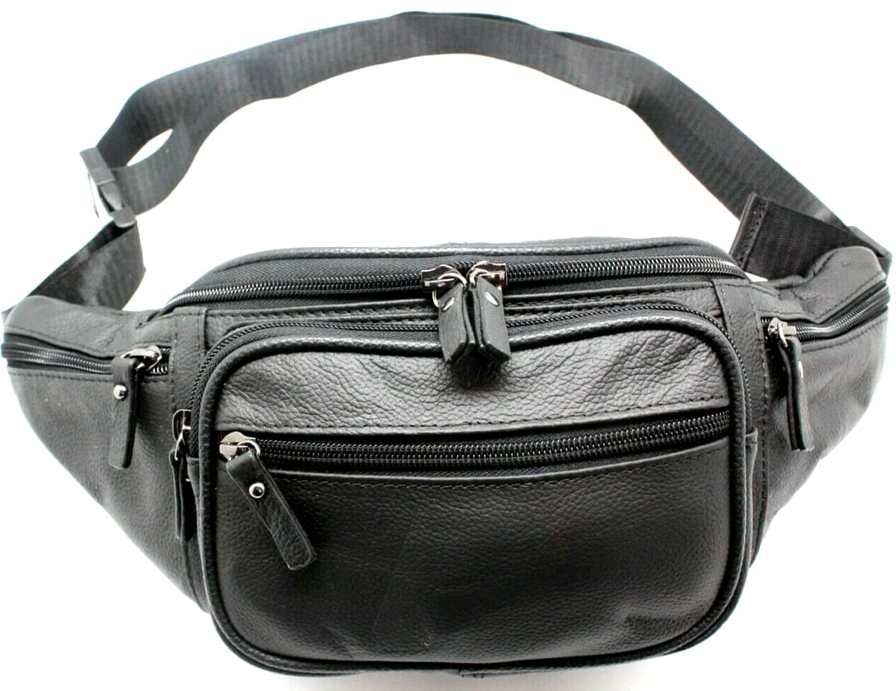 XLarge Black Leather Fanny Pack Waist Bum Bag Travel Hip Purse Pure Leather Chest Bag for Men (Black J3079)