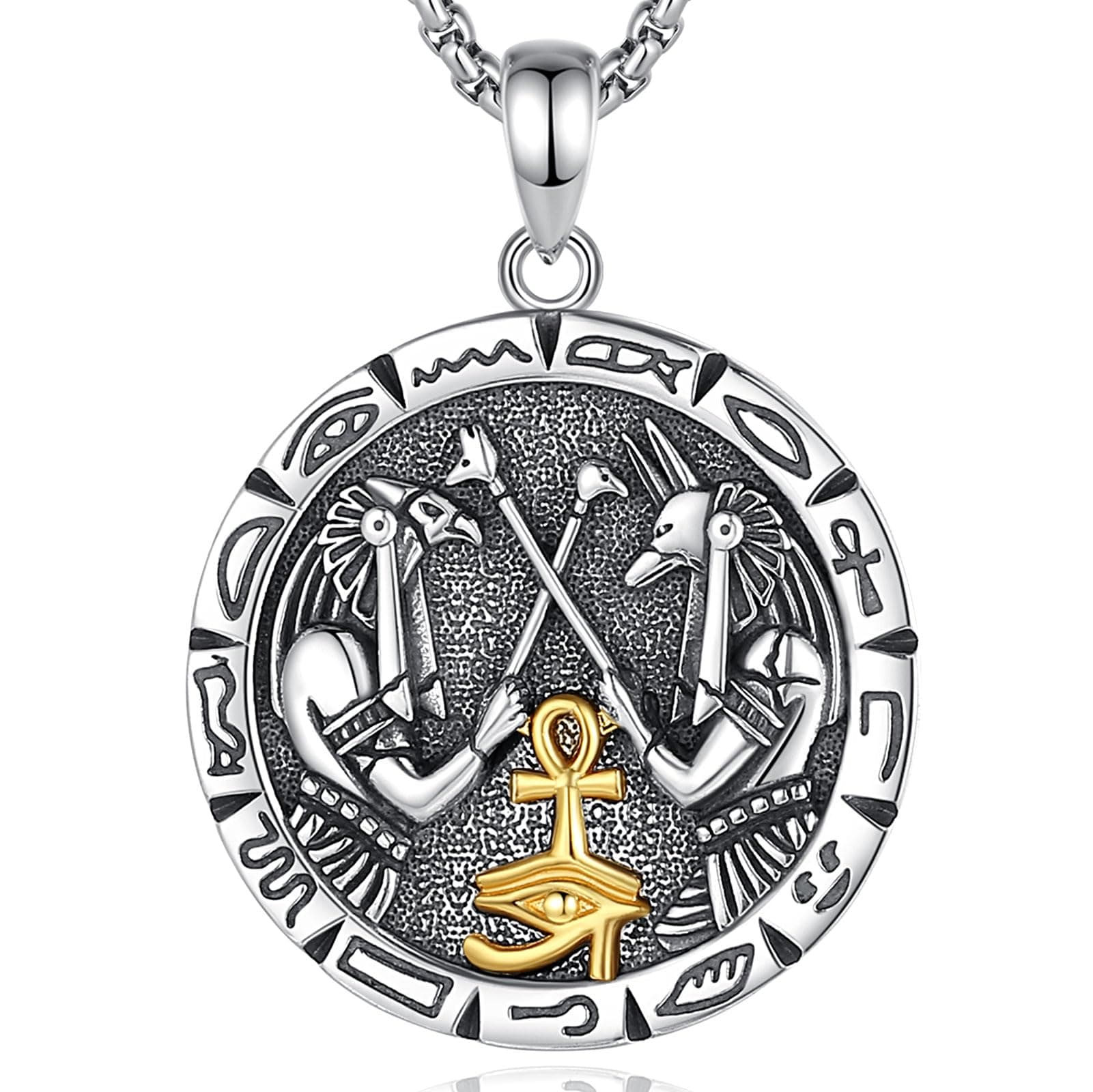 Vito925 Sterling Silver Anubis and Horus Necklace for Women Men, Ancient Egyptian Anpu Heru Evil Eye Pendant God of Dead Eye of Horus Protective Jewelry Gift, 20+2 Inch