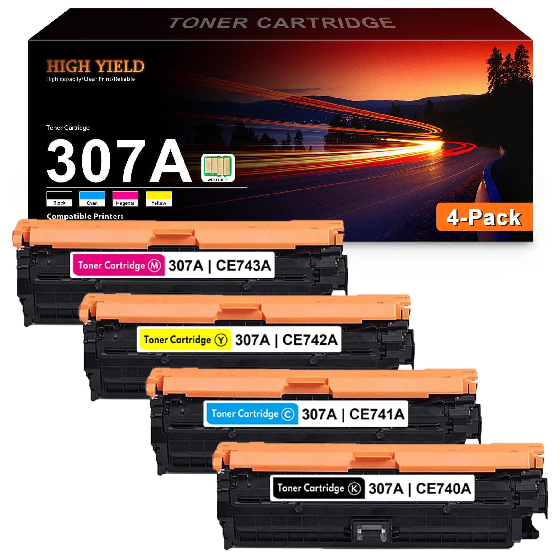 307A Toner Cartridge Set CE740A CE741A CE742A CE743A Toner Replacement for HP 307A Toner Works with Color Professional CP5225 CP5225n CP5225dn CP5220 Printer (4-Pack Black, Cyan, Magenta, Yellow)