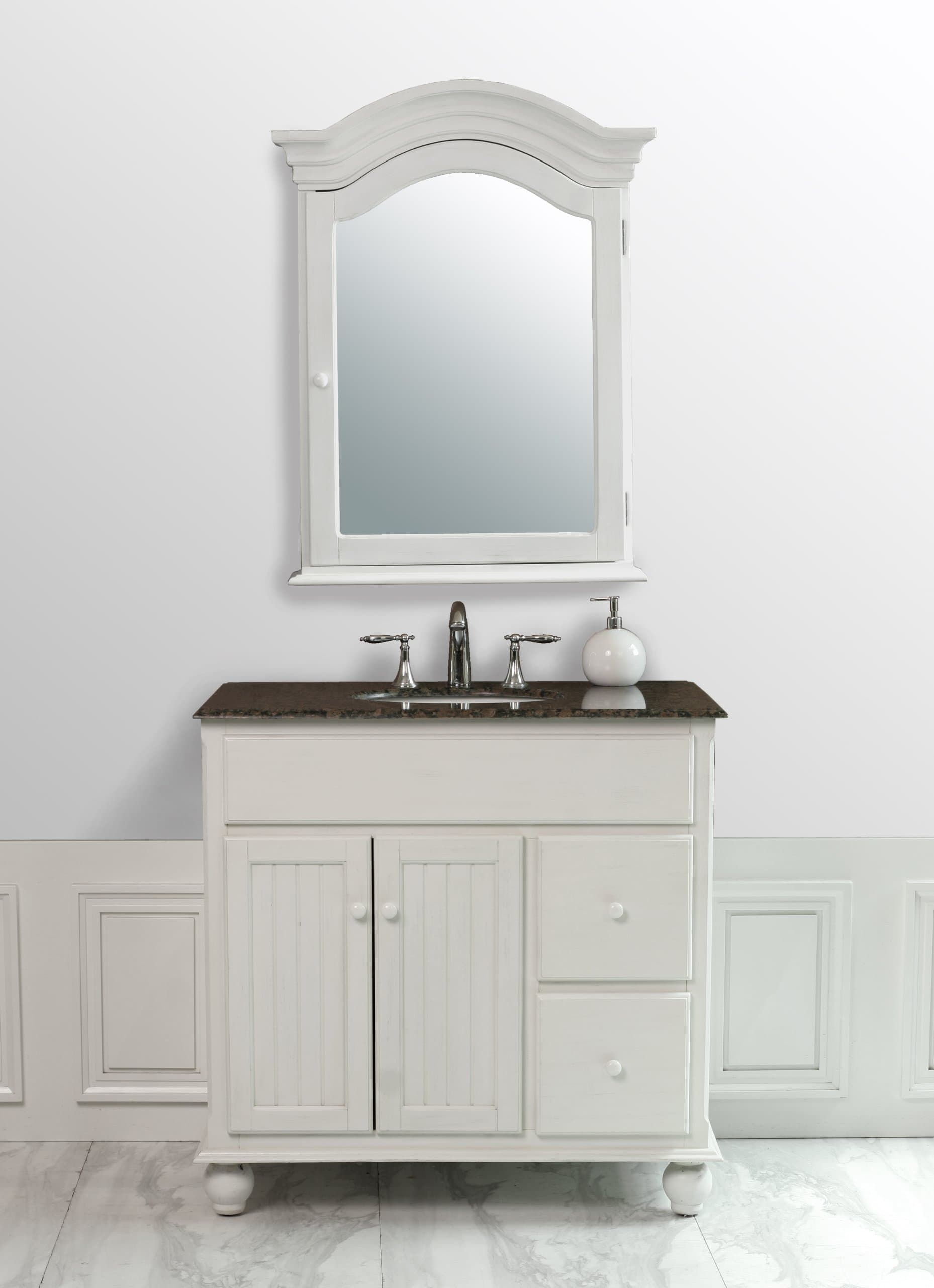 Stufurhome GM-6114-36-BB 36-Inch Snow Single Sink Vanity in Milky White Finish with Baltic Brown Granite Top And Mirror