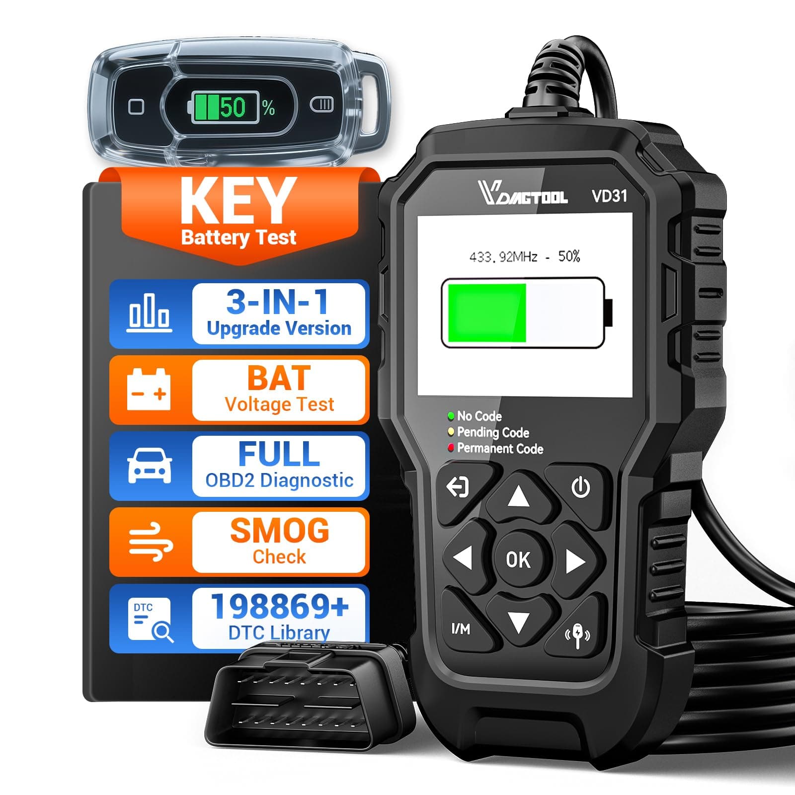 VDIAGTOOL VD30 Enhanced OBD2 Scanner, Car Code Reader, Universal Check Engine Light Code Reader, Auto Diagnostic Tool for All OBDII Vehicles, Turn Off CEL, Read/Clear Codes, Live Data, Voltage Test