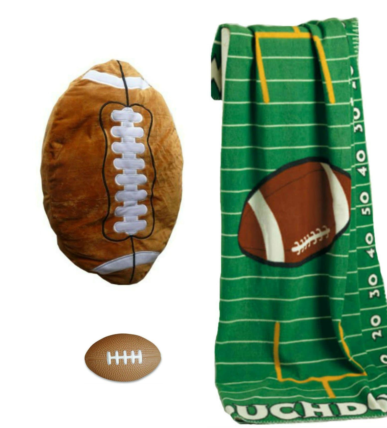 RINDI Football Plush Pillow, Touchdown Fleece Throw Blanket & Stress Ball Bundle Combo