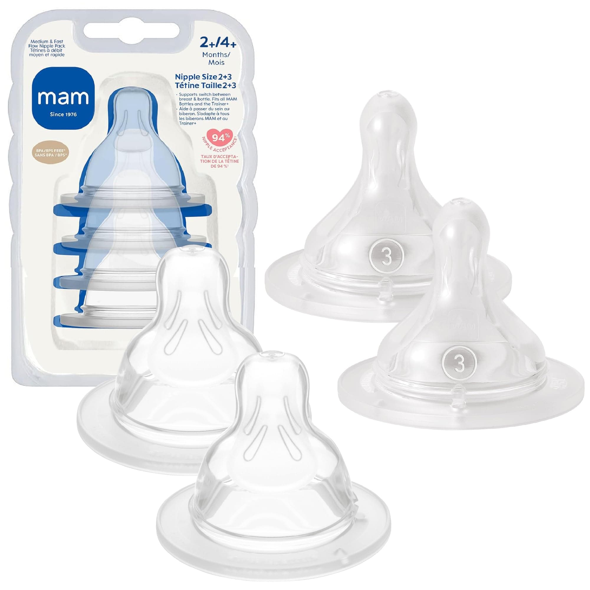 Bottle Mixed Flow Pack - Medium Flow Level 2 and Fast Flow Level 3, for Newborns and Older, SkinSoft Silicone for Baby Bottles, Fits All MAM Bottles, 4 Pack