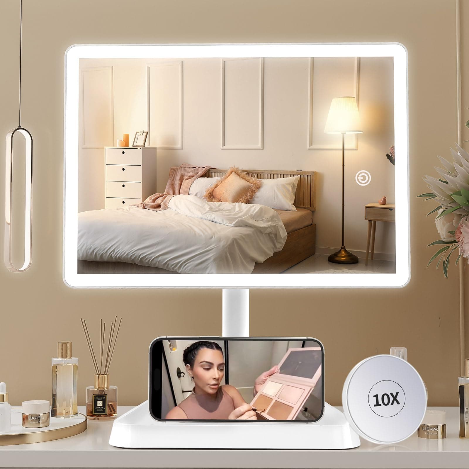 Rechargeable Makeup Mirror with Lights,Lighted Makeup Vanity Mirror with 96 LED Phone Holder and 10X Magnifying Mirror, 3Color Lighting Light Up Cosmetic Mirror with Sensor Touch Dimmable,360Ã‚°Rotation