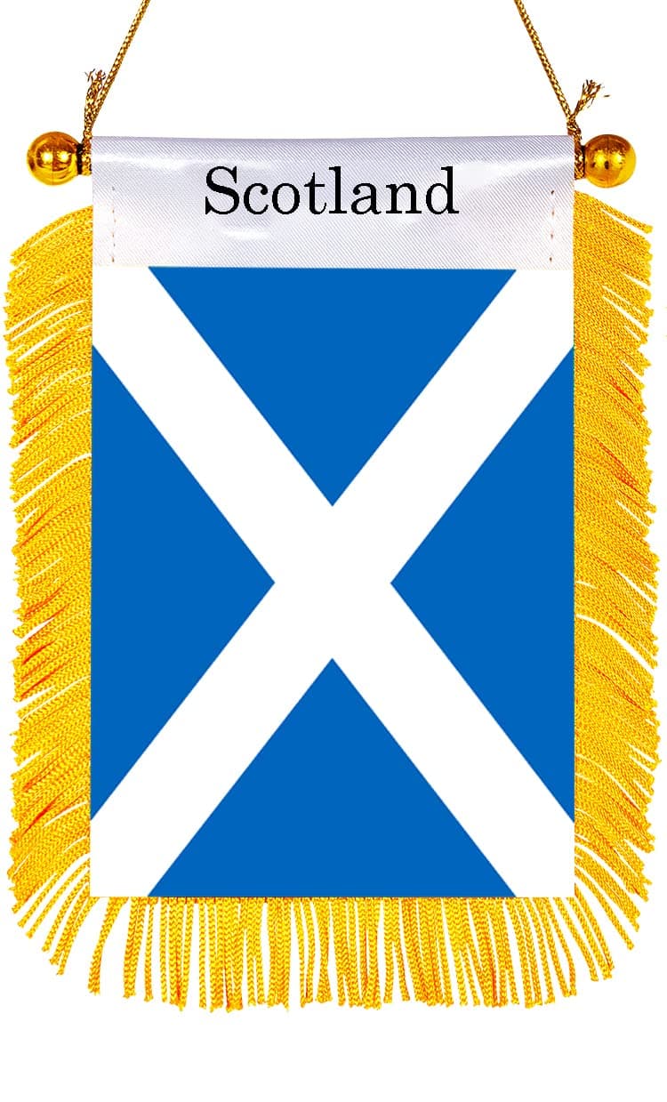 WXTWK 3 X 5 Inch Scotland Flag Scottish Window Hanging Flag Small Mini Car Flags Banners Rearview Mirror Decoration With Suction Cup Golden Fringy Banner