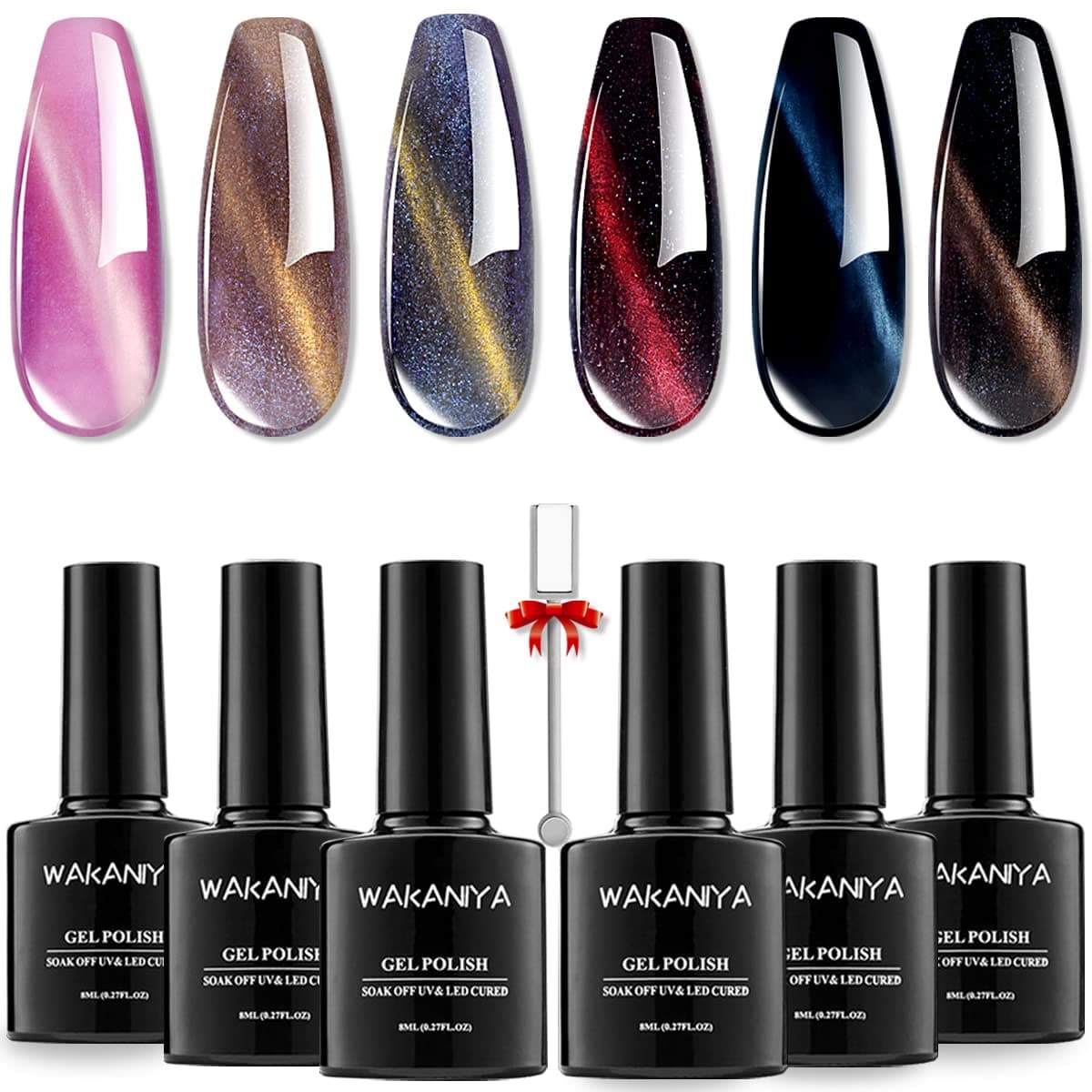Cat Eye Gel Nail Polish Set with 1 Magnet, 6 Colors Shellac Nail Gel Polish Colours Set, Magnetic Gel Nail Polishes Set, Soak Off Shellac Gel Nail Polish UV Kit
