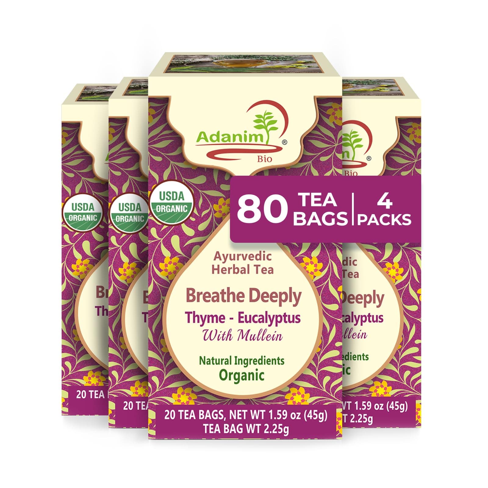 Adanim Bio Ayurvedic Herbal Tea Breathe Deeply Thyme Eucalyptus Mullein Tea USDA Organic Naturally Caffeine-Free Antioxidant Rich Healthy Herbal Tea Wellness 80 Tea Bags