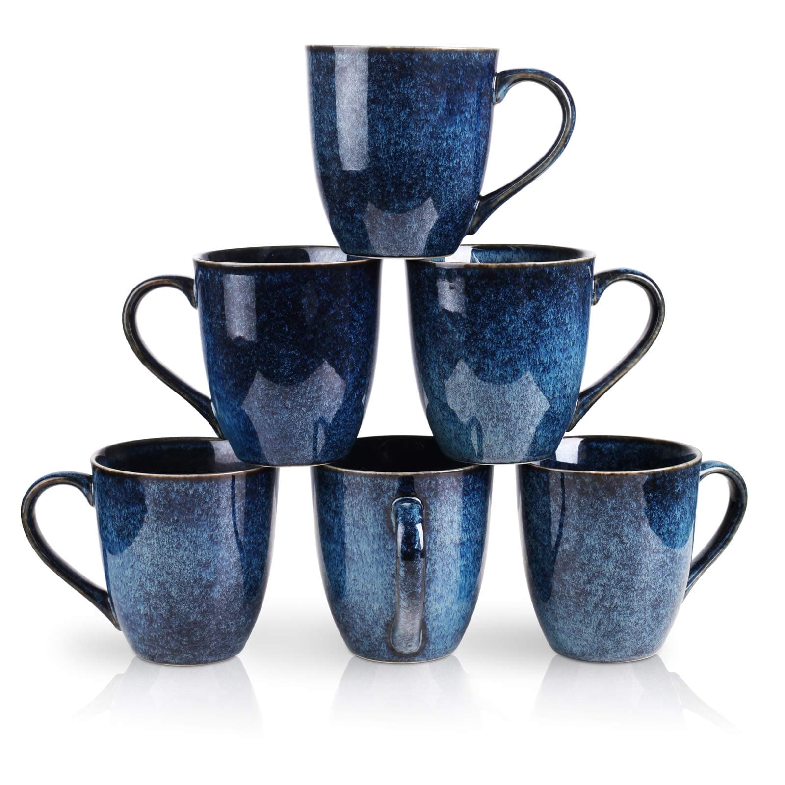 vicrays Stoneware Tea Mug Set of 6, 350 ml, Stoneware Coffee Mug for Men, Women, Unique Glazed Mugs with Handle for Coffee, Tea, Milk, Cocoa, Cereal (Starry Blue)