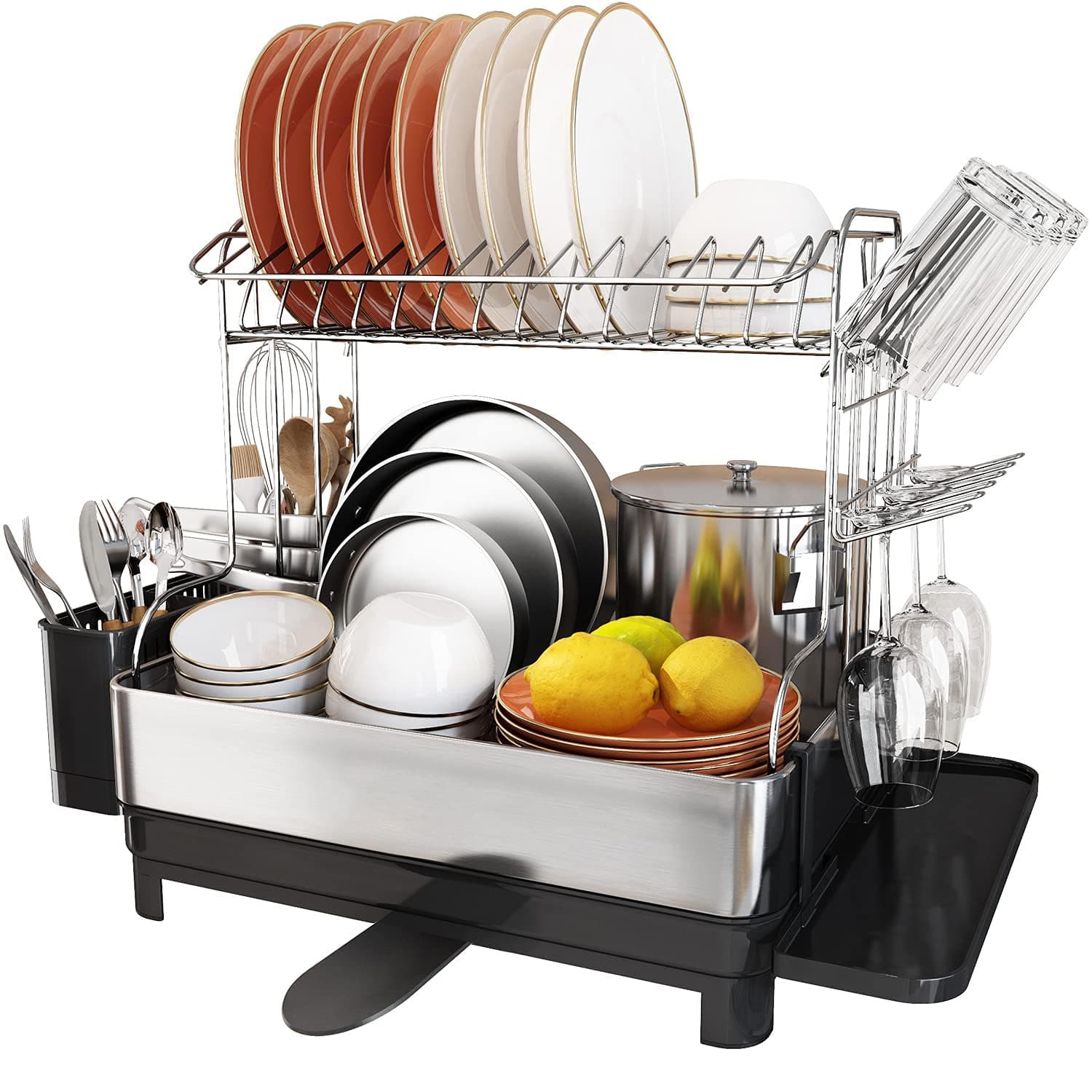 romision Dish Rack and Drainboard Set, 304 Stainless Steel 2 Tier Large Dish Drying Rack with Adjustable Drainage Spout, Dish Strainer for Kitchen Counter with Utensil Holder, Cup Rack, Water Tray