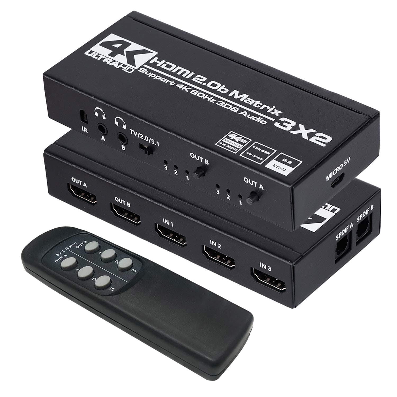 4K HDMI Matrix Switch 3 in 2 Out - 3x2 Matrix Switcher with EDID Extractor and IR Remote Control - Supports Ultra 4K HDR, 4Kx2K@60Hz, 3D/1080P, HDMI 2.0b, HDCP 2.2